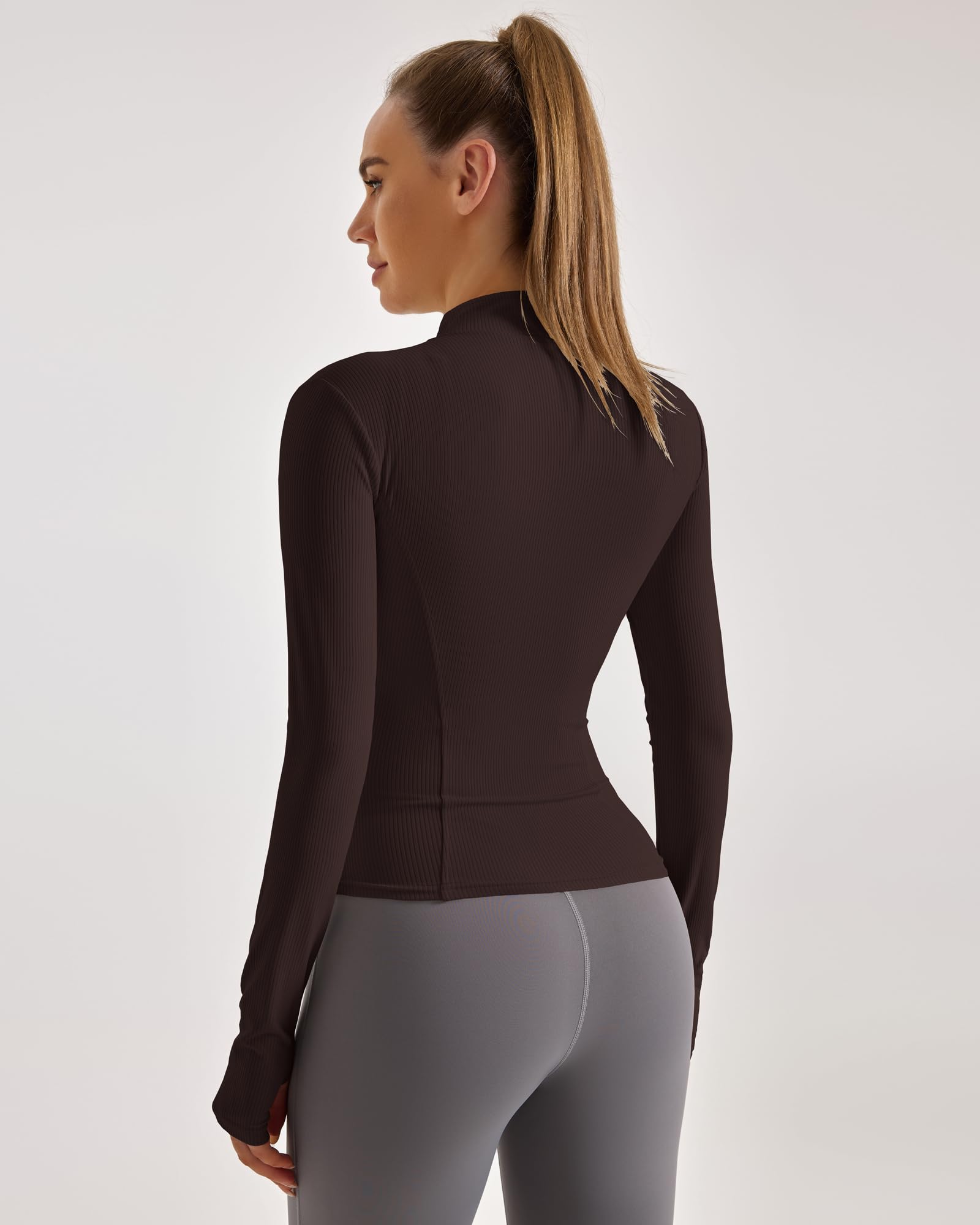 Locachy Women's Slim Fit Workout Jacket Lightweight Ribbed Full Zip Athletic Yoga Running Jackets with Thumb Holes Dark Brown XS