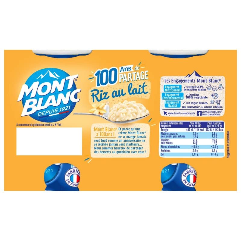 MONT BLANC - Riz Au Lait Français Onctueux - 500g - Dessert Gourmand À Déguster À Tout Moment De La Journée ! - Lot De 3 - Vendu Par Lot