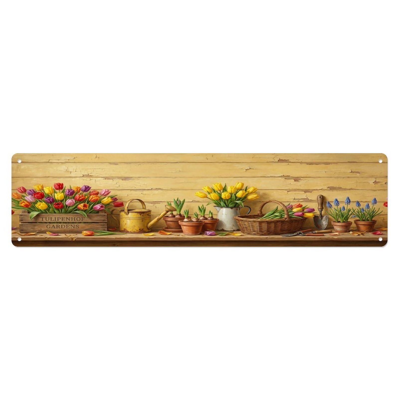 Floral Garden Tools Tulip Wooden Box Pattern Print Metal Tin Sign