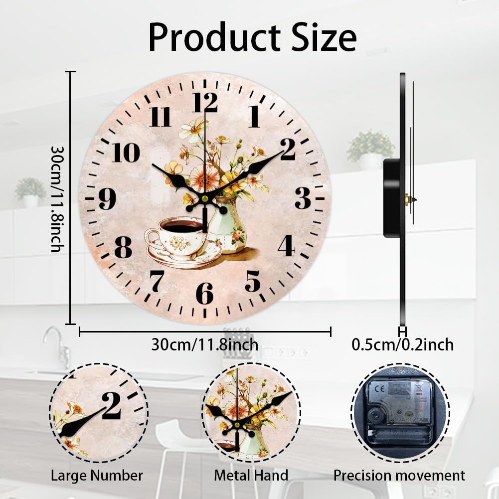 CHGCRAFT 12inch Coffee en Wall Clock Coffee Cup Flower Background Round Wall Clock Silent Non Ticking Clock for Office Home Living Room Bedroom Bathroom Kitchen Decor - Image 2