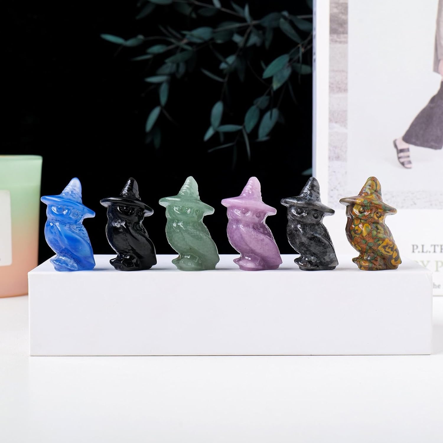 Halloween Decorations Desktop Crystal Crafts Natural Crystal Owl Animal Carving Gift (Color : Free Color, Size : 5pcs)