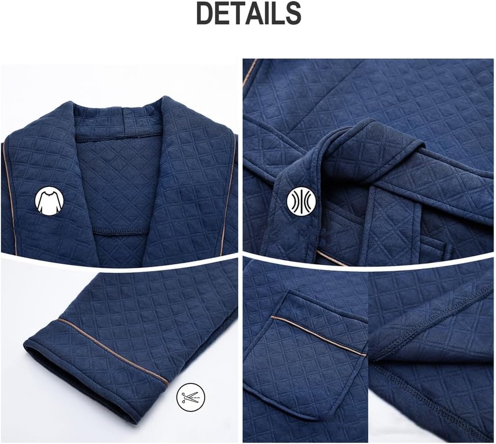 Men'S Sleeping Robe With Sandwich Shawl Collar Thickened Cotton Quilted Bathrobe Long Kimono Robe For Winter