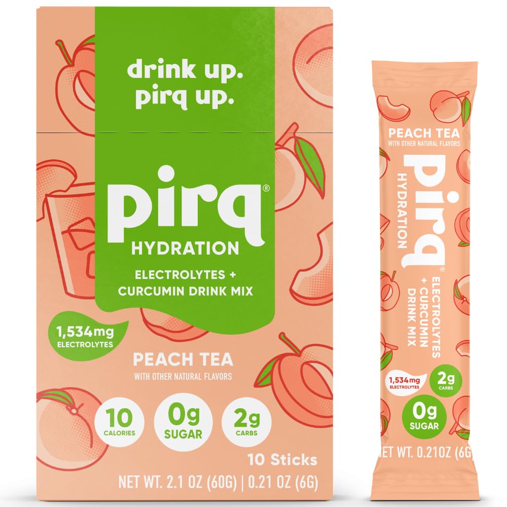Pirq Hydration - Peach Tea - Hydration Powder Packets | Electrolyte Drink Mix | Curcumin | B Vitamins | Zero Sugar | Keto Friendly | 10 Sticks
