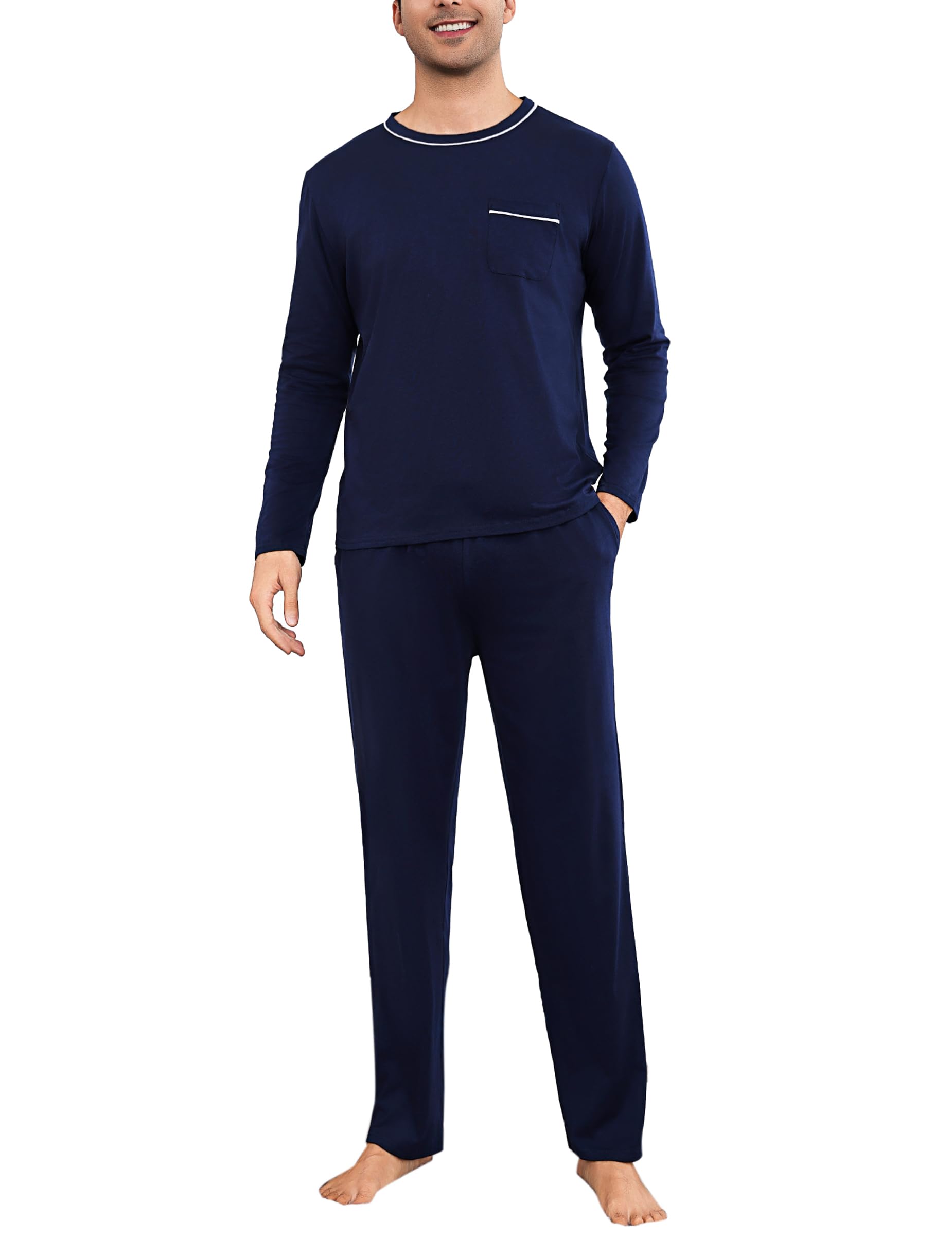 Litherday Pigiama Uomo Invernale Cotone Lungo Pigiami Due Pezzi da Uomo Manica Lunghe e Pantaloni con Tasche Morbido Loungewear