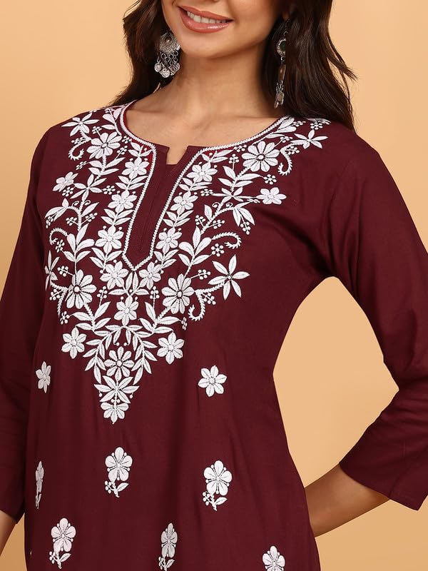 Image of Women Pink Ethnic motifs Embroidered Lucknowi Chikankari Long Kurti