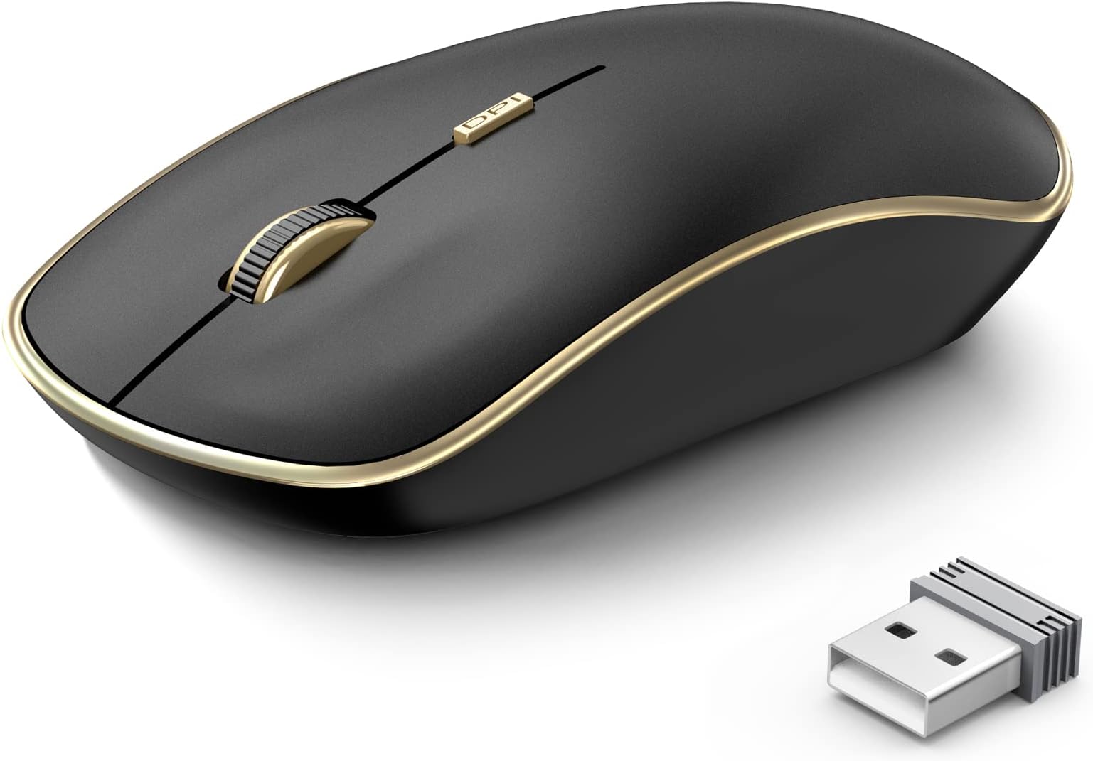 J JOYACCESS Silent Mouse Wireless, Portable Wireless Computer Mouse with 5 Adjustable DPI Levels, USB Mouse for Desktop, Notebook, MacBook, Chromebook, PC (Black Gold)
