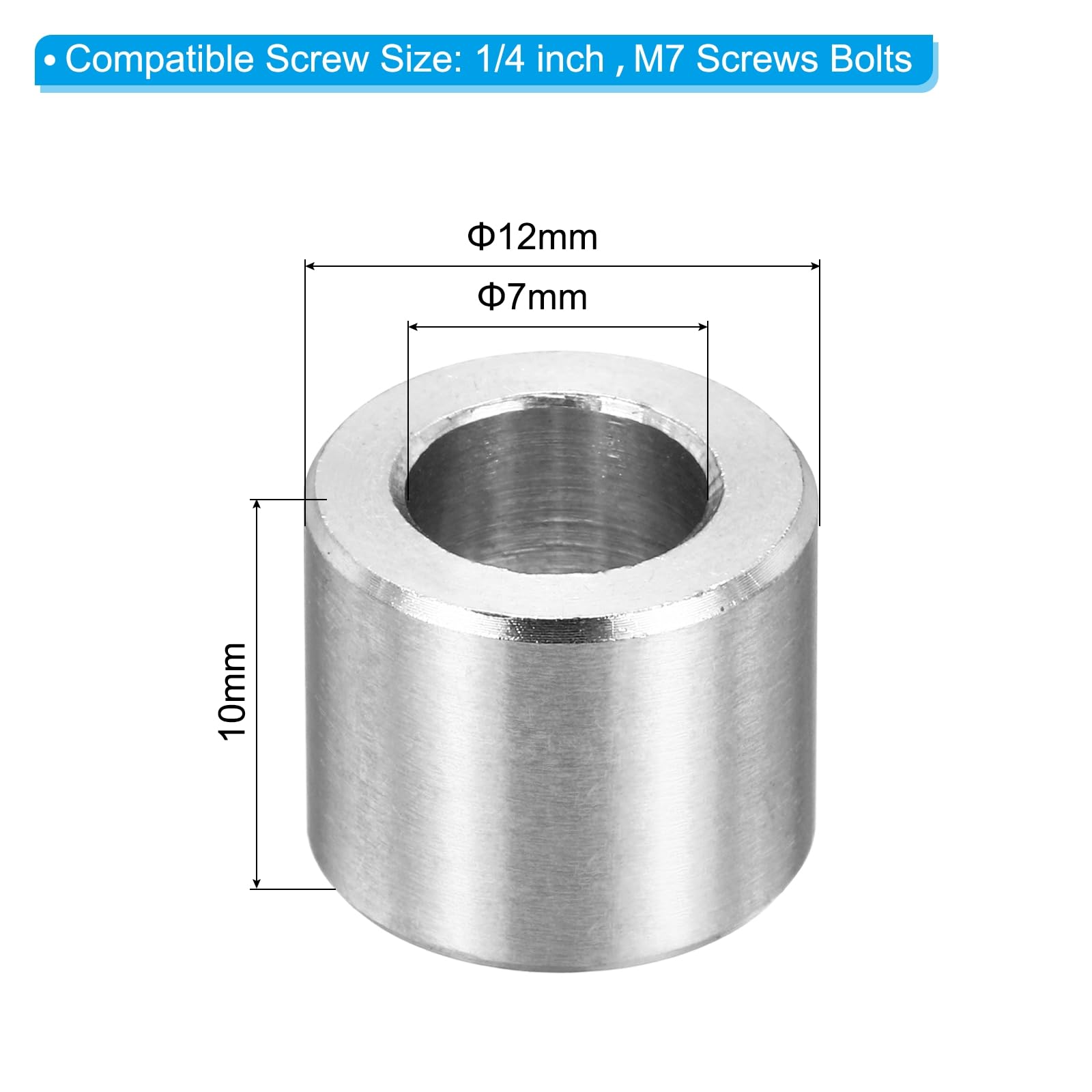 PATIKIL M7 Stainless Steel Spacers, 12Pcs Metal Spacer 7mm ID x 12mm OD x 10mm L Screws Standoff for 1/4" or M7 Screw - Image 2