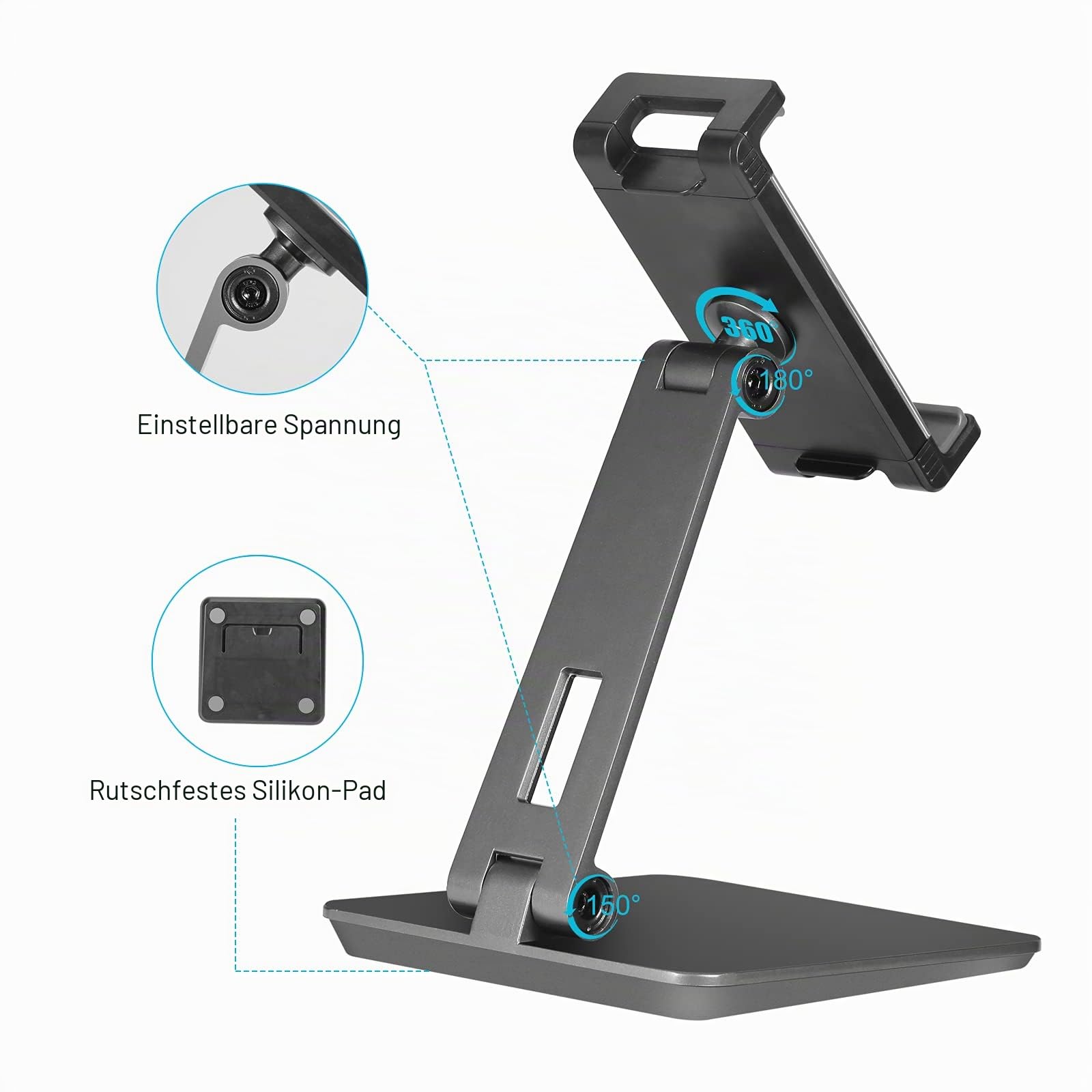 Tablet Ständer Verstellbar & Faltbar, Schwerer Aluminium Tablet Halterung Halter Tisch, kompatibel mit iPad Pro/Air/Mini, Samsung Tab, Surface Pro, Kindle Fire (7-13 Zoll) (Dunkelgrau)