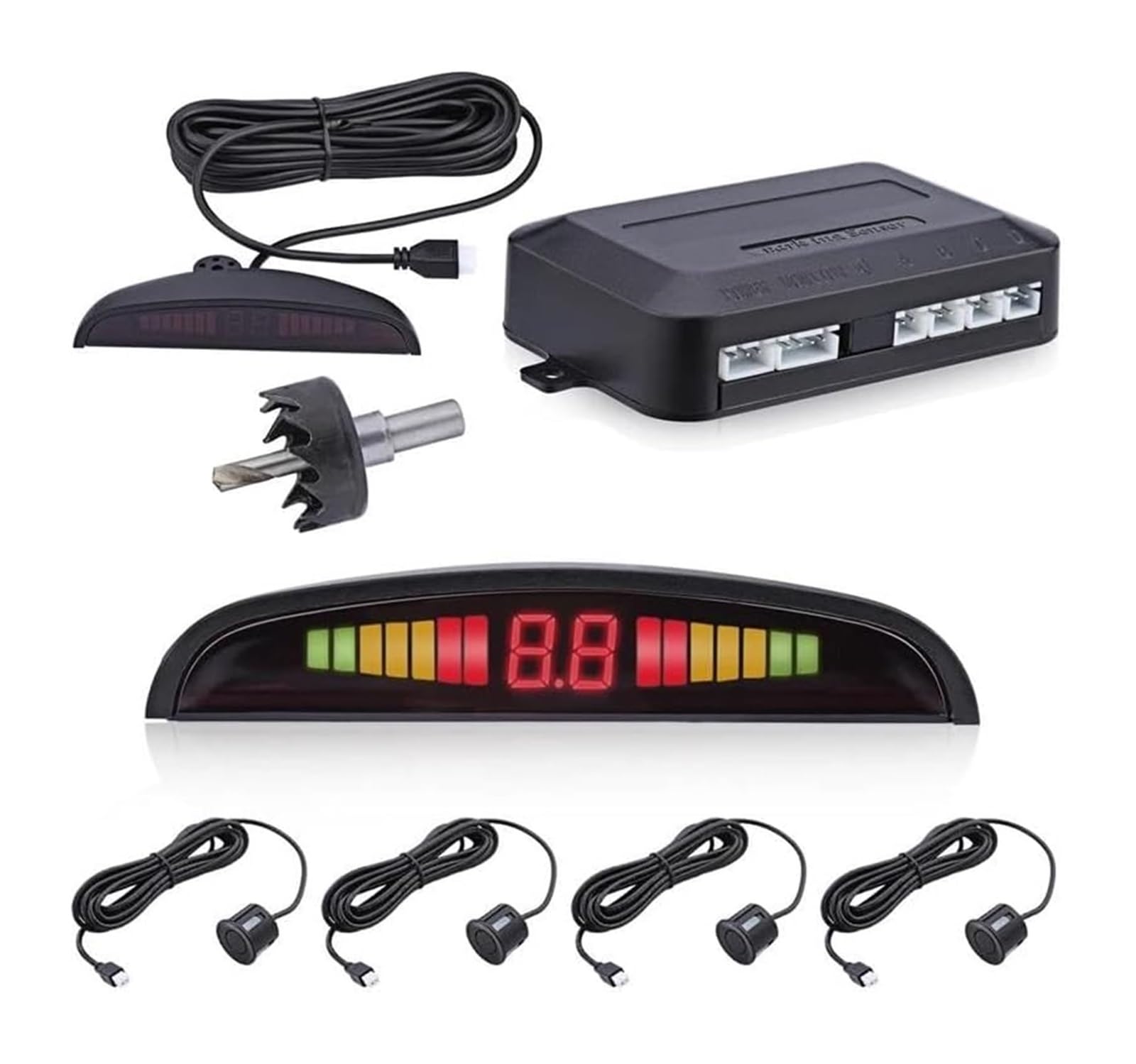 Kit Sensor Estacionamiento Radar Marcha Atrás Trasero para Coche Pantalla Retroiluminada Interruptor Detector Monitor 4 Sensor De Aparcami(Rojo)