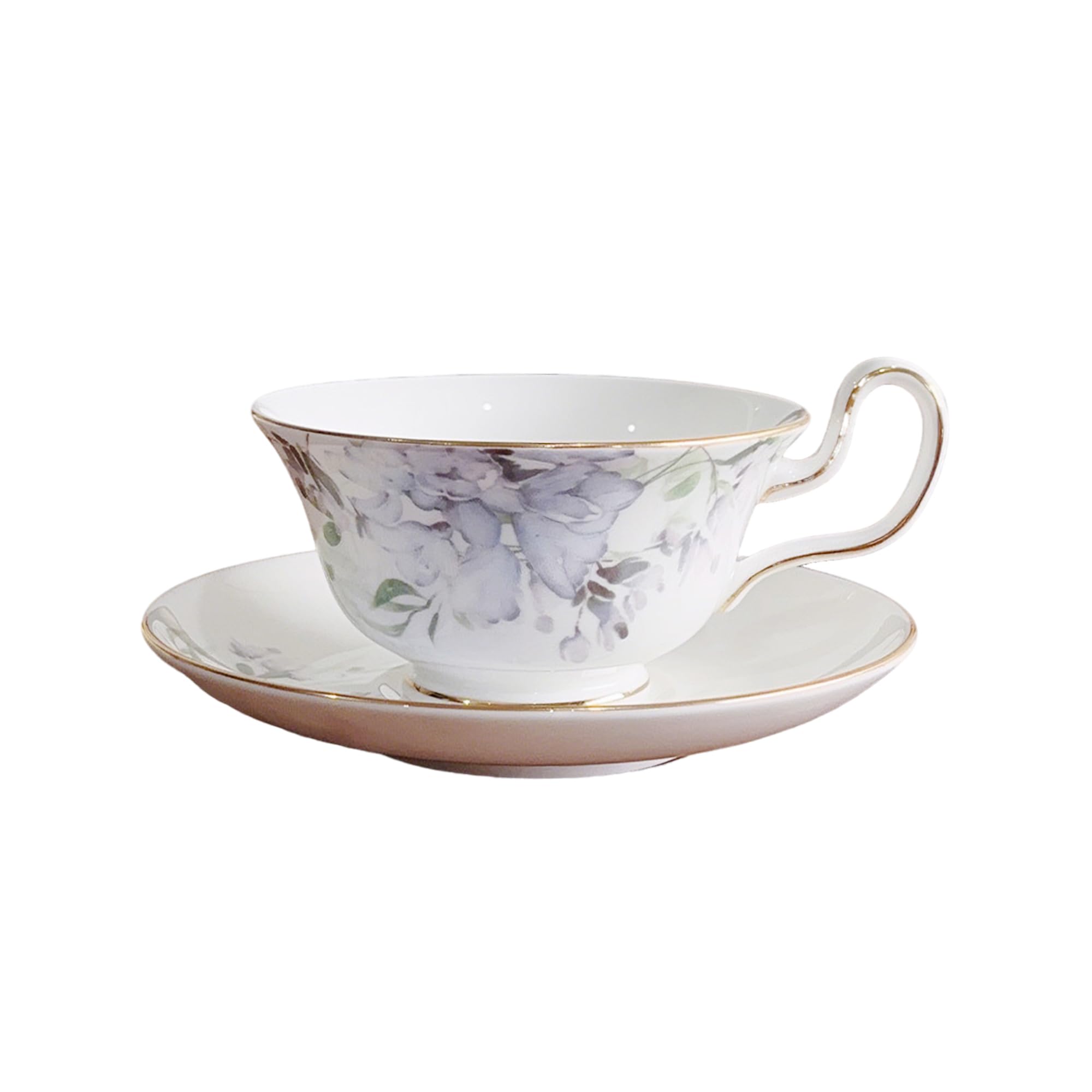 fanquare Blue Floral Tea Cup and Saucer Set, British Porcelain Coffee Cup with Gold Rim for Adults Wedding Afternoon Party 250ml