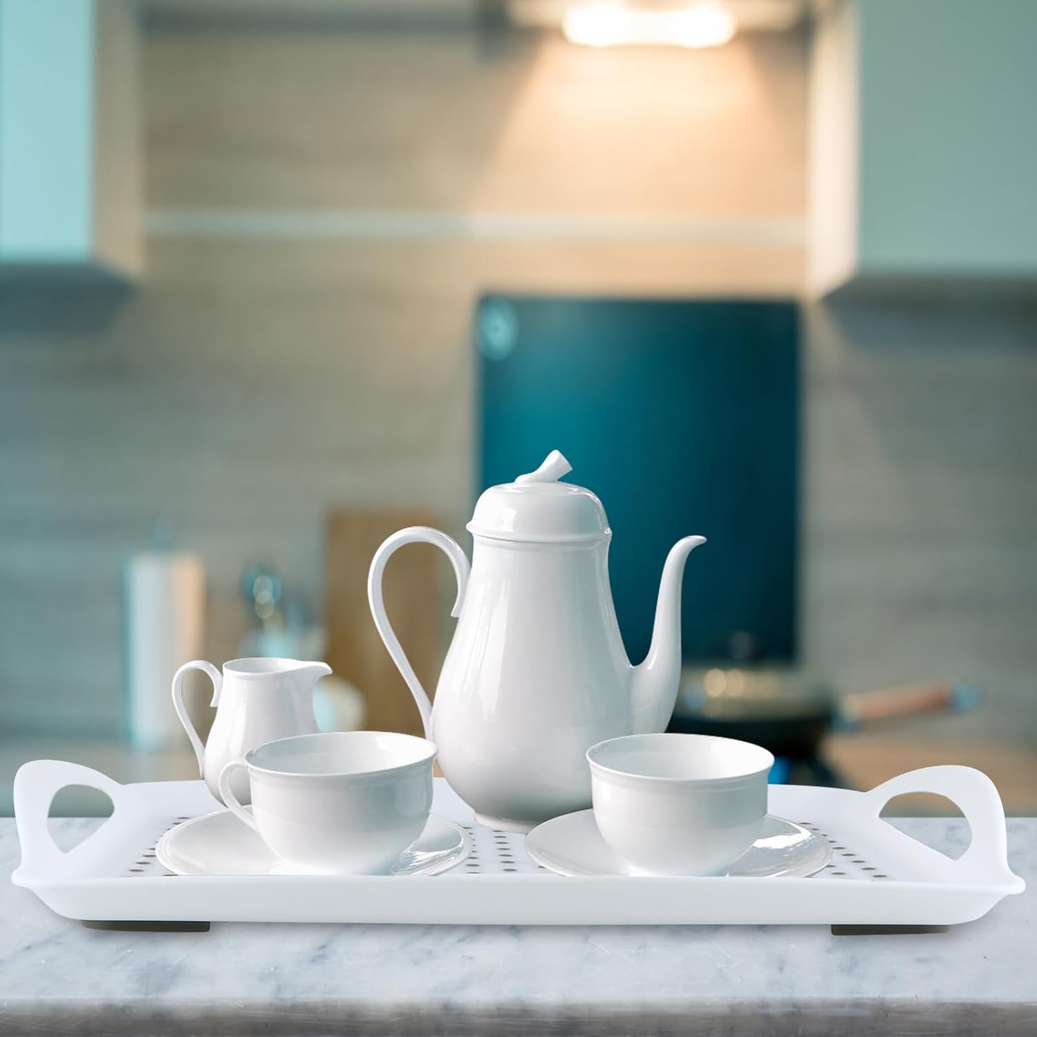 MDLUU Non-Slip Serving Tray with Handles, Food Serving Platter, Set of 2, White - Image 5