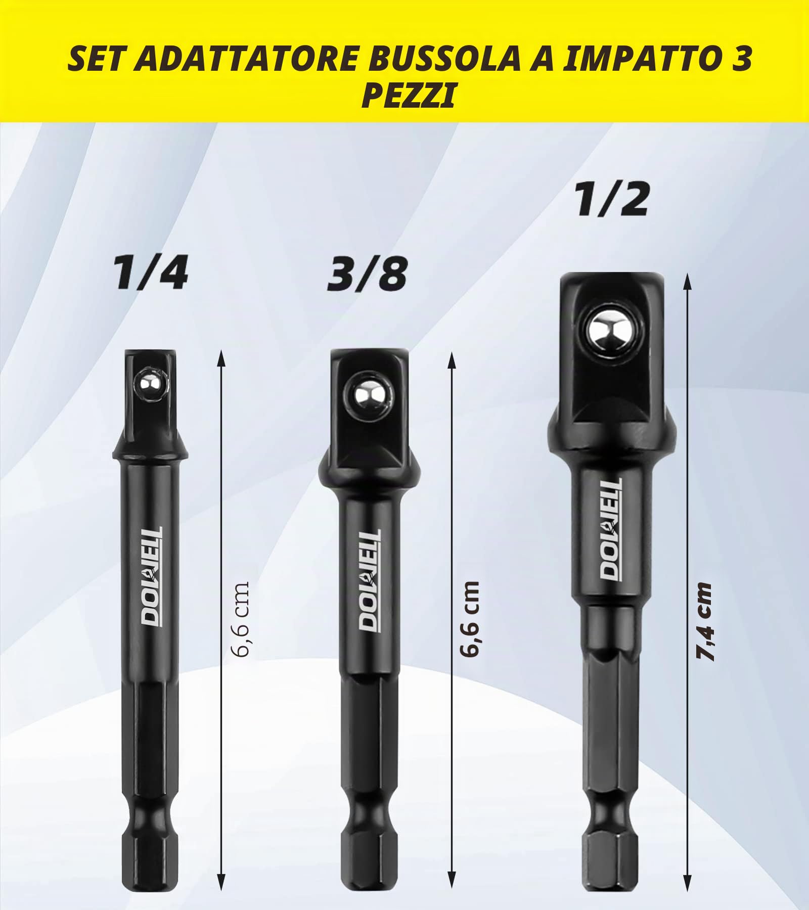 DOWELL Set di adattatori per bussole di grado a impatto, con supporto da 1/4, 3/8, 1/2, prolunga per punte da trapano a avvitatore ad alta velocità (3, 3 pollici)