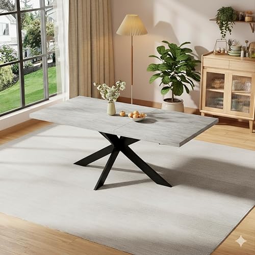 Miniatura 16 de ZckyCine Juego de mesa de comedor extensible de 6 piezas, moderna mesa de madera gris de 63 a 79 pulgadas con 6 sillas de tela gris, mesa de comedor