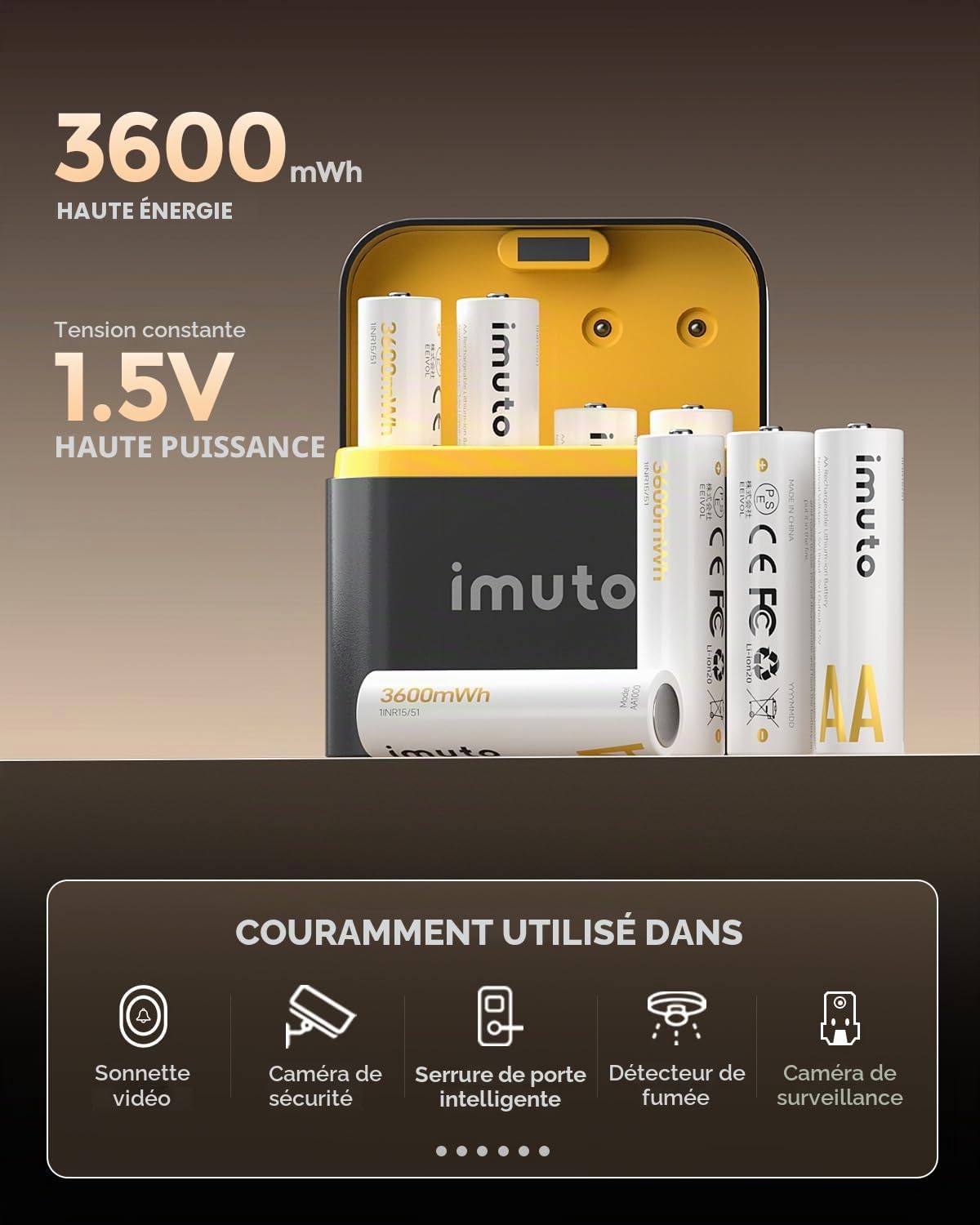 imuto Lot de 16 Piles AA Rechargeables 1,5 V 3600 mWh, Piles Rechargeables AA au Lithium 1600 Cycles avec écran LED Noir, Charge Rapide