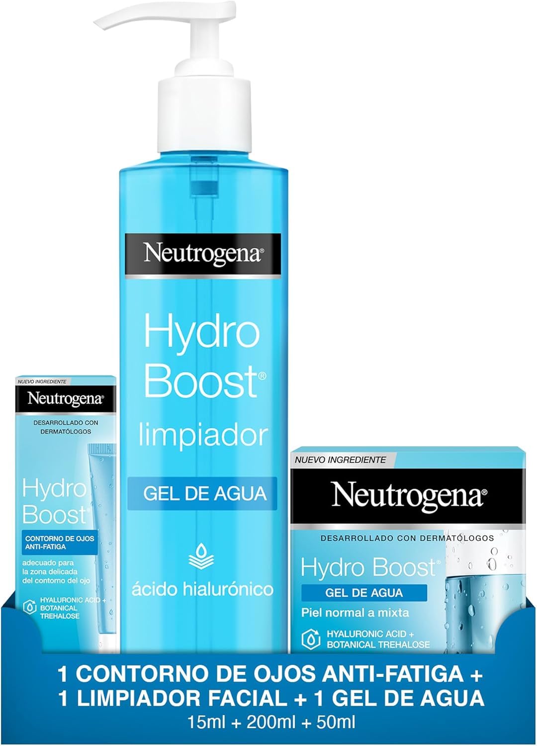 Neutrogena Rutina Facial Hidratante Hydro Boost, para Pieles Normales y Mixtas, Limpiador Facial, Gel de Agua y Contorno de Ojos Anti-Fatiga, Multicolor, Pack de 3 unidades