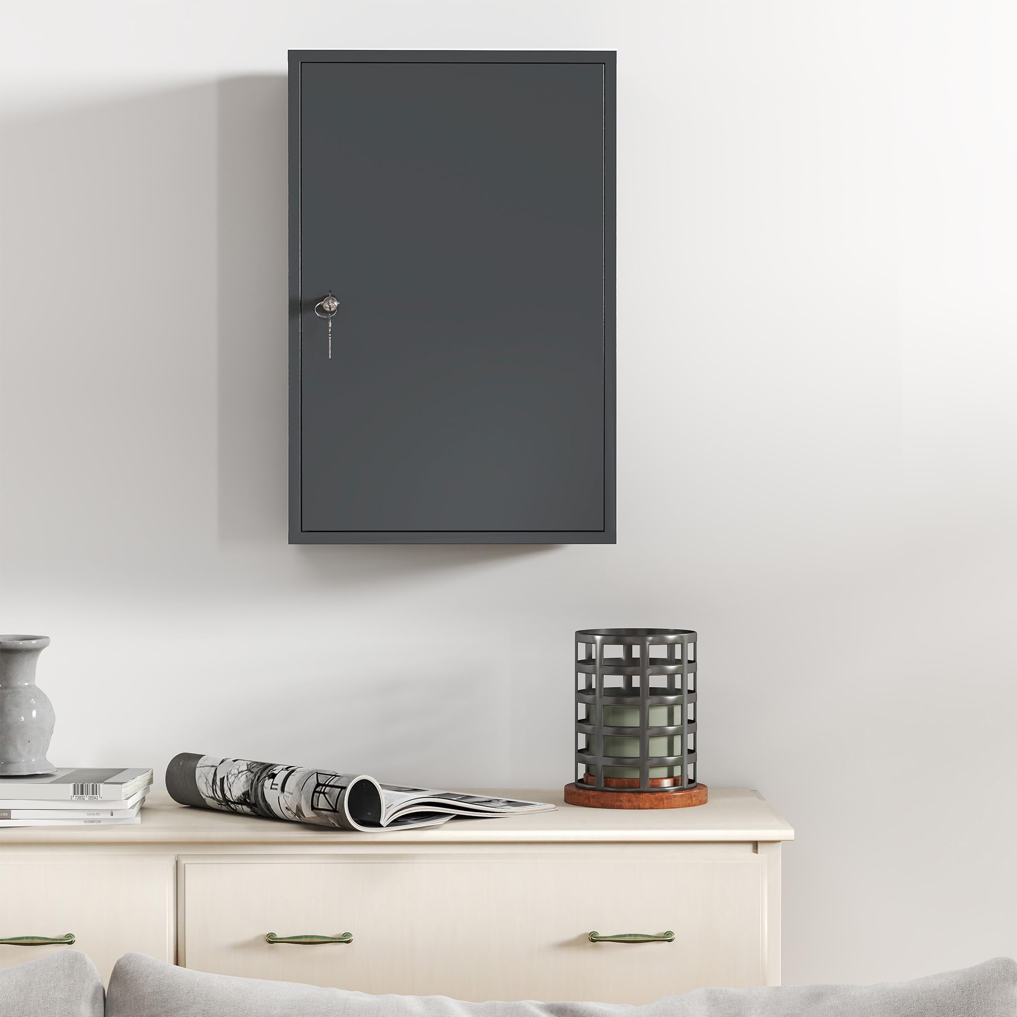 Kleankin Szafka na leki zamykana metalowa z 3 półkami 40x18x60cm Szary