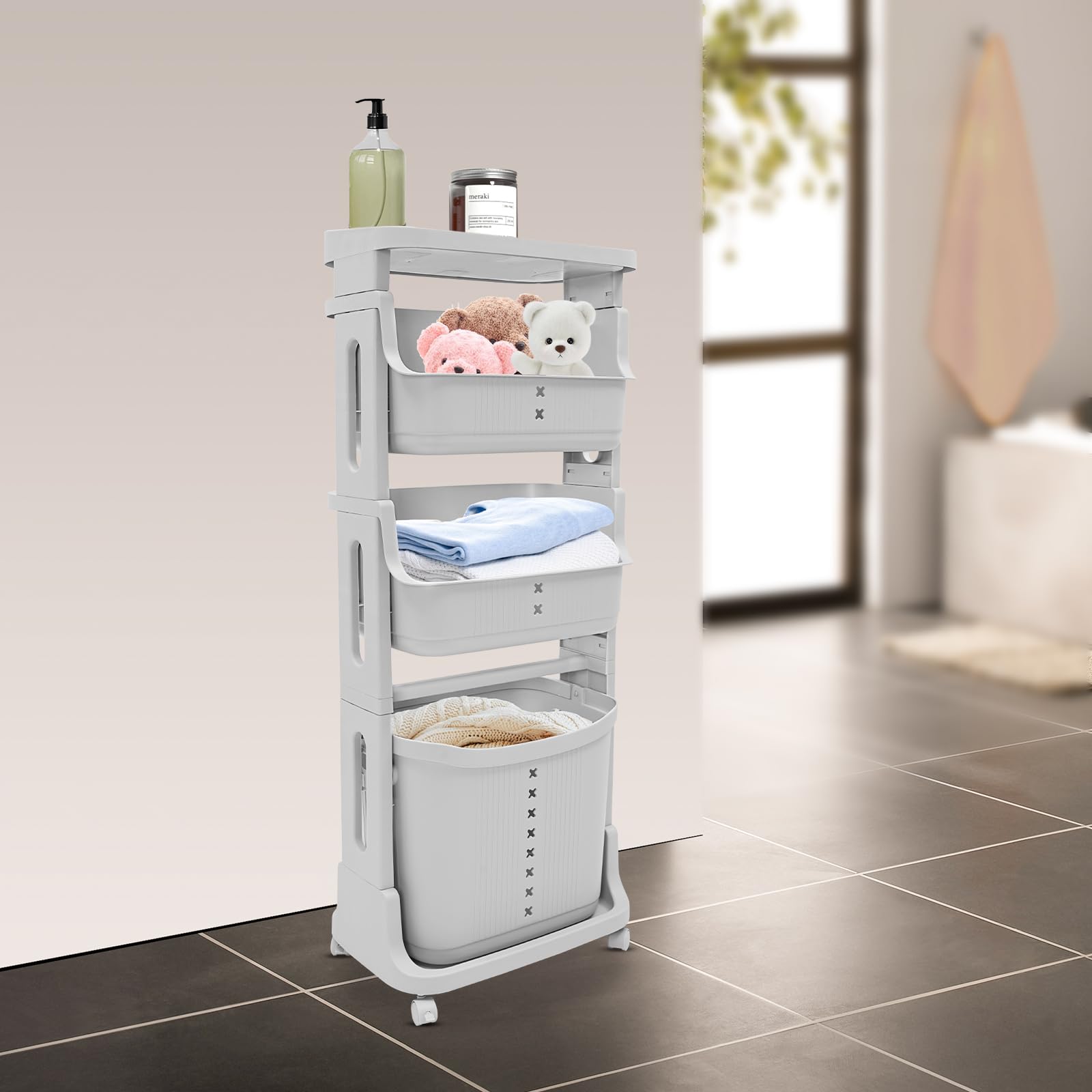 Wäschekorb auf Rollen, 4 Fächer Wäschebox Wäschesammler Wäschekorb für Wohnzimmer Schlafzimmer Waschküche Bad (Grau, 4 Etagen)