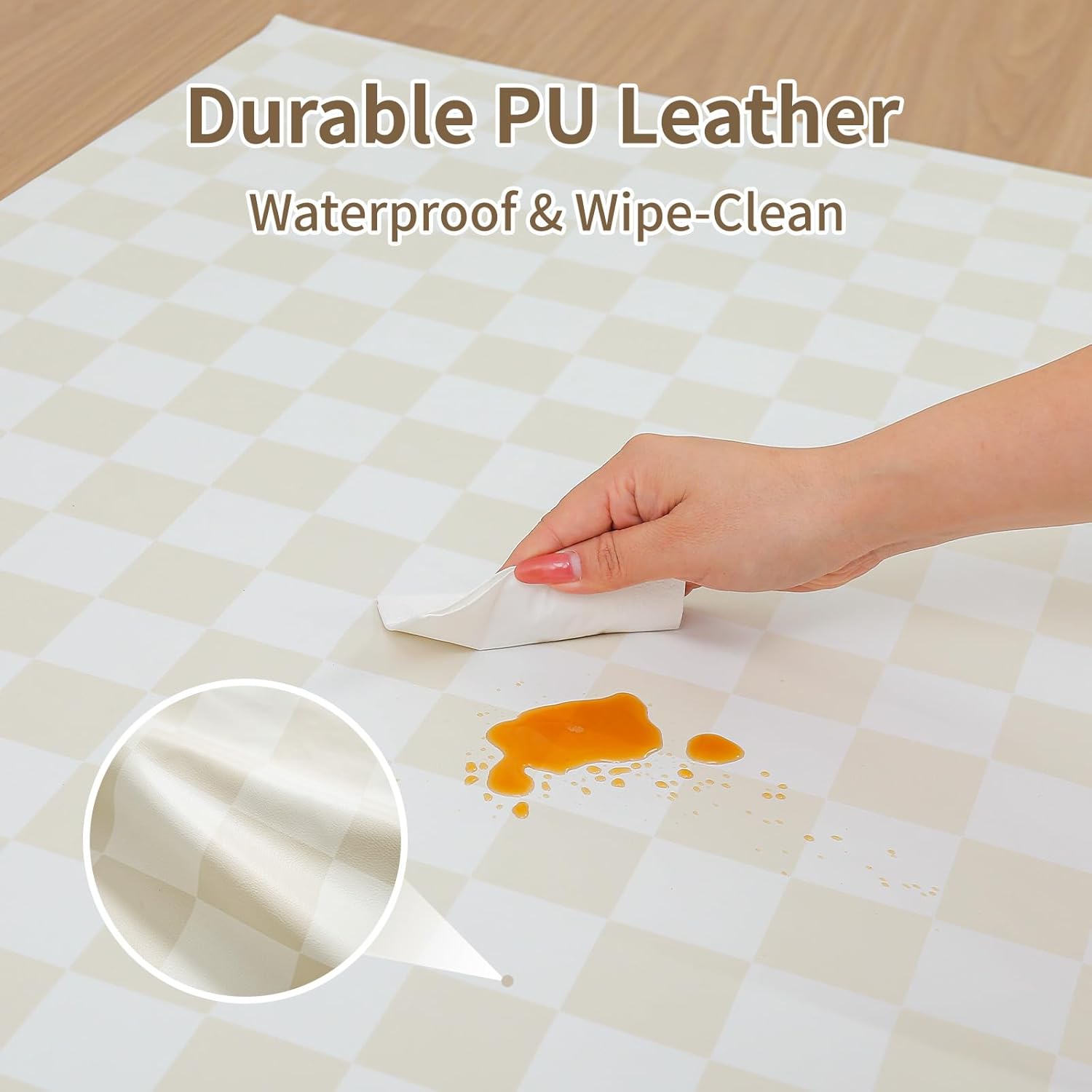 Large Vegan Leather Baby Play Mat for Floor,1.3"Thick Foam 59x82 Foldable Waterproof Kids Play Mat,Stylish and Just Wipe-Clean Playmat for Baby Play on Floor (Beige Checker) - Image 2