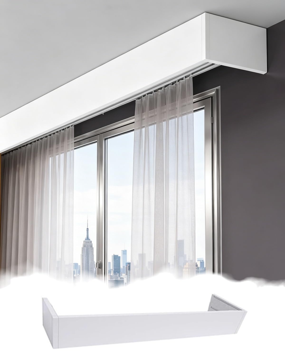 Tringle à rideau de plafond 146cm avec bandeau cache-caisson blanc pour lambrequin moderne