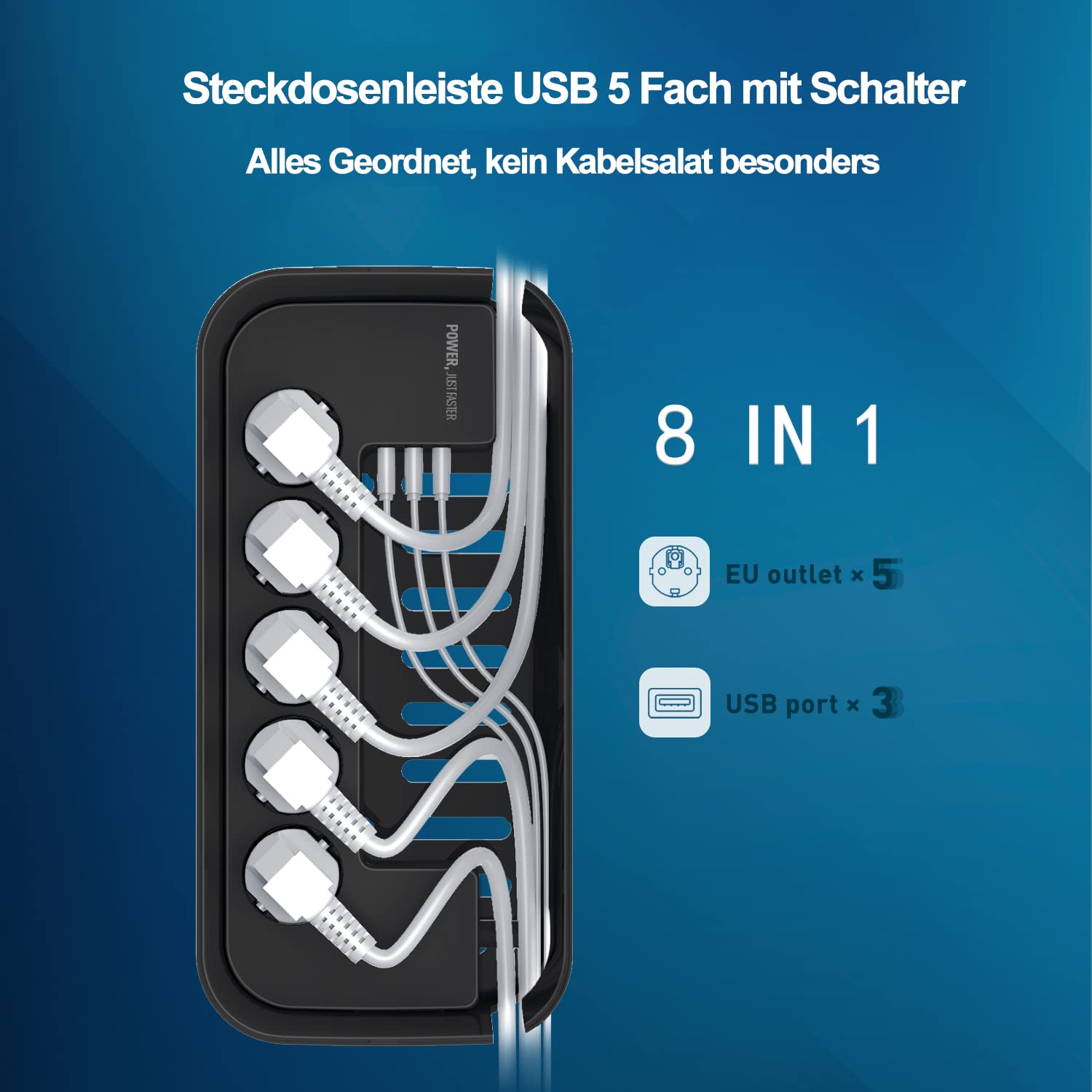 Scatola Porta Cavi con Ciabatta Multipresa USB, Presa Multipla 5 Prese con 3 USB, Adattatore per Presa per Scatola Portacavi (2500 W) con Cavo da 3 Metri, 29,5 * 14 * 14 cm, Nero