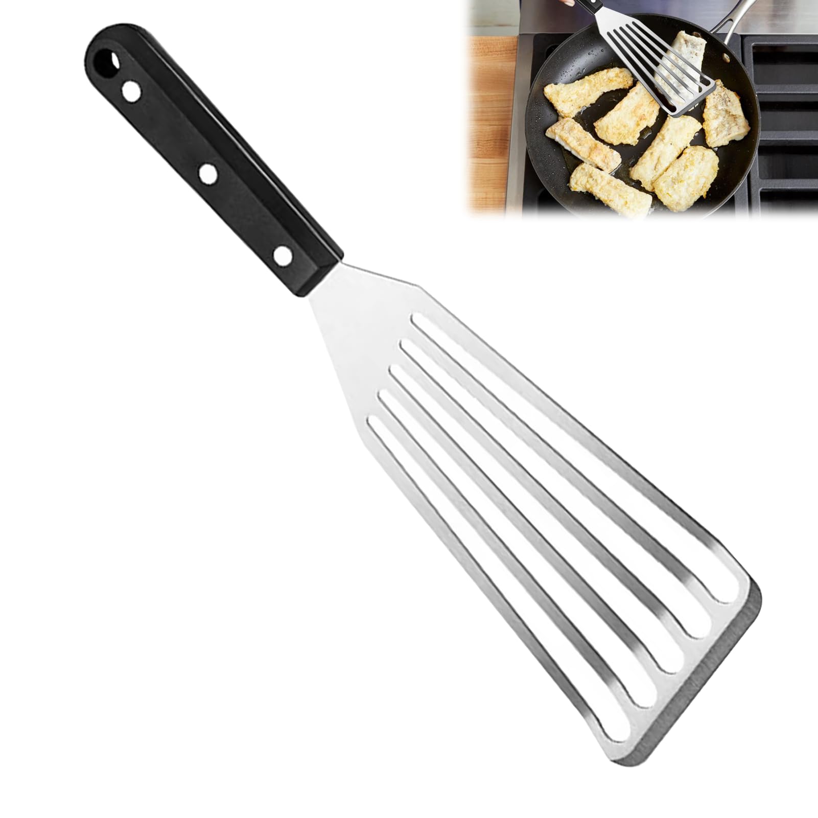 Fish Slice Spatula, Fish Spatula Handle, Metal Spatulas for Cooking Non Stick Frying, Slotted BBQ Shovel, Stainless Steel Slotted Turner with Solid ABS Handle for Cooking Egg Meat Dumpling Frying