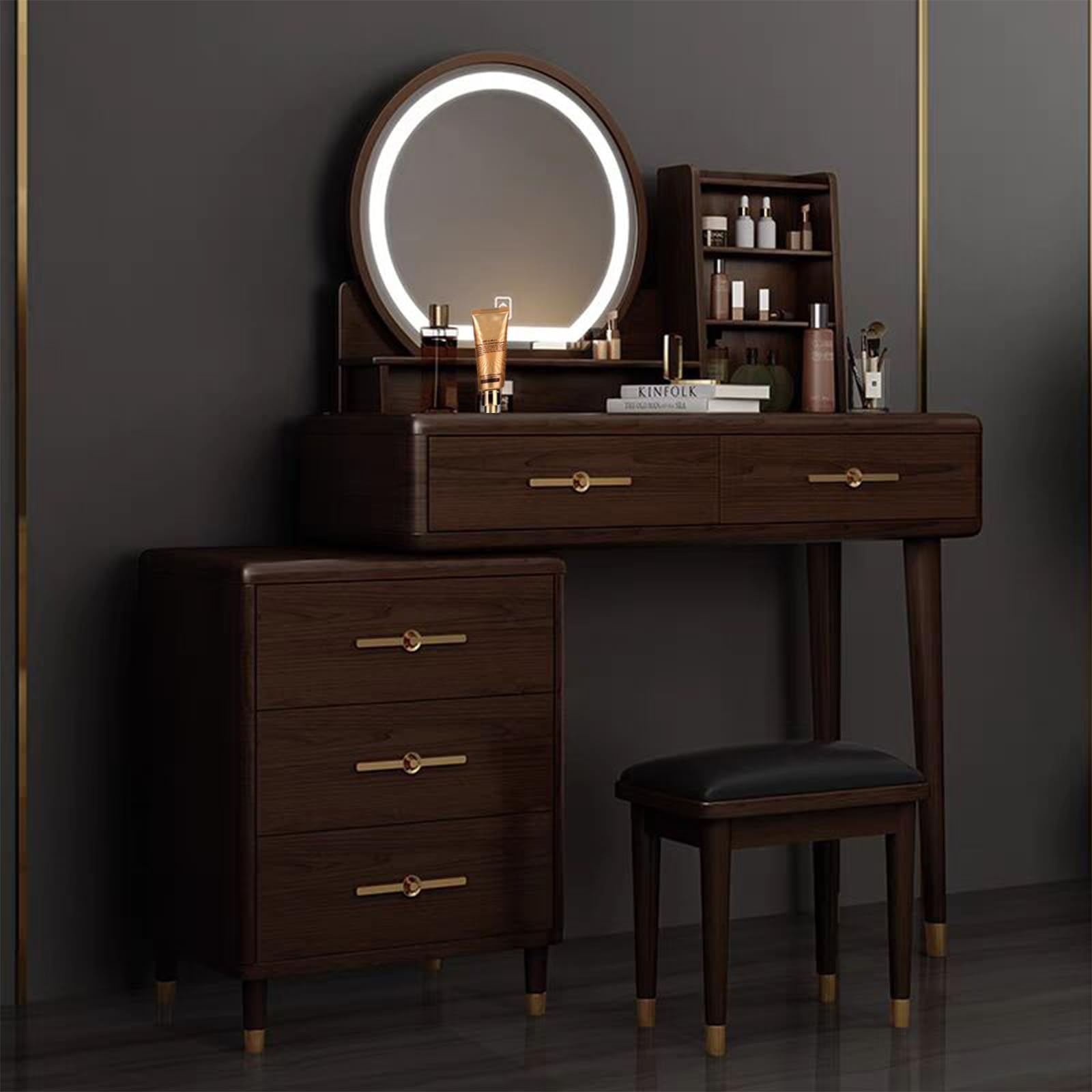 Tocador Juego de tocador de Madera Maciza con Espejo LED y Taburete, tocador, Escritorio de Maquillaje con 5 cajones para Dormitorio de niña y Mujer Multifunción