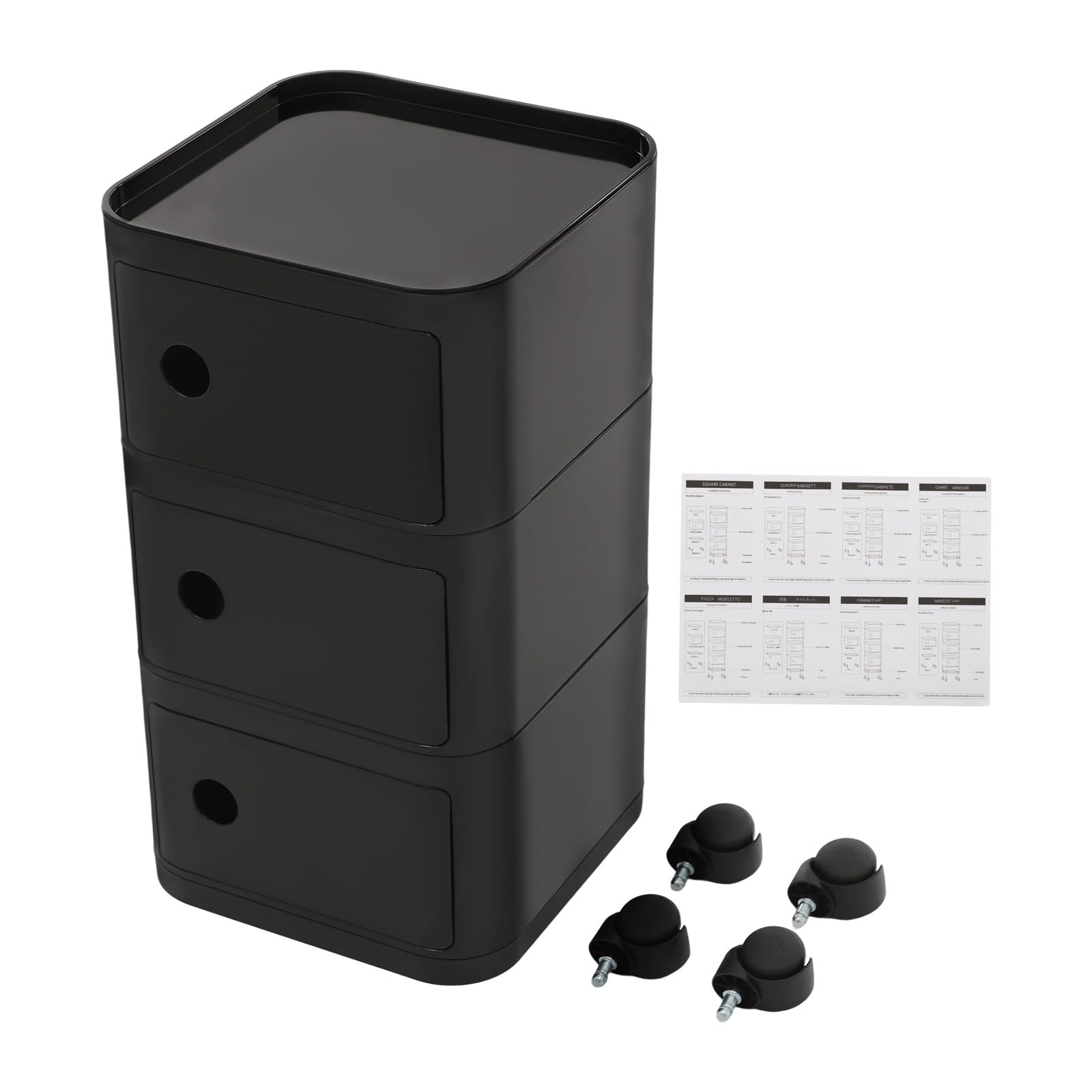Mesita de noche con 3 cajones, mesita de noche con una plataforma superior y tres compartimentos, mesa auxiliar móvil con puertas, para dormitorio, sala de estar, estudio (negro)