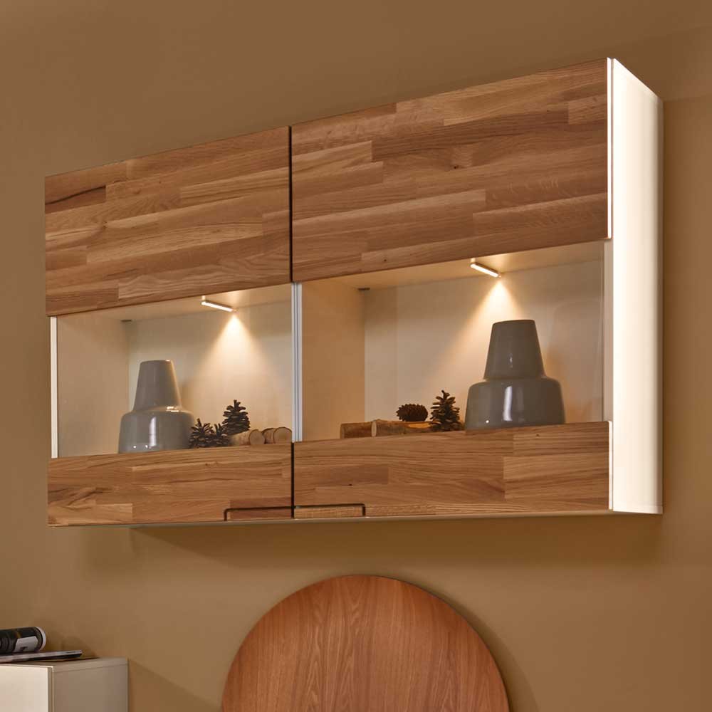 Parete di montaggio in bianco lucido con rovere massello (5 pezzi) con illuminazione Pharao24