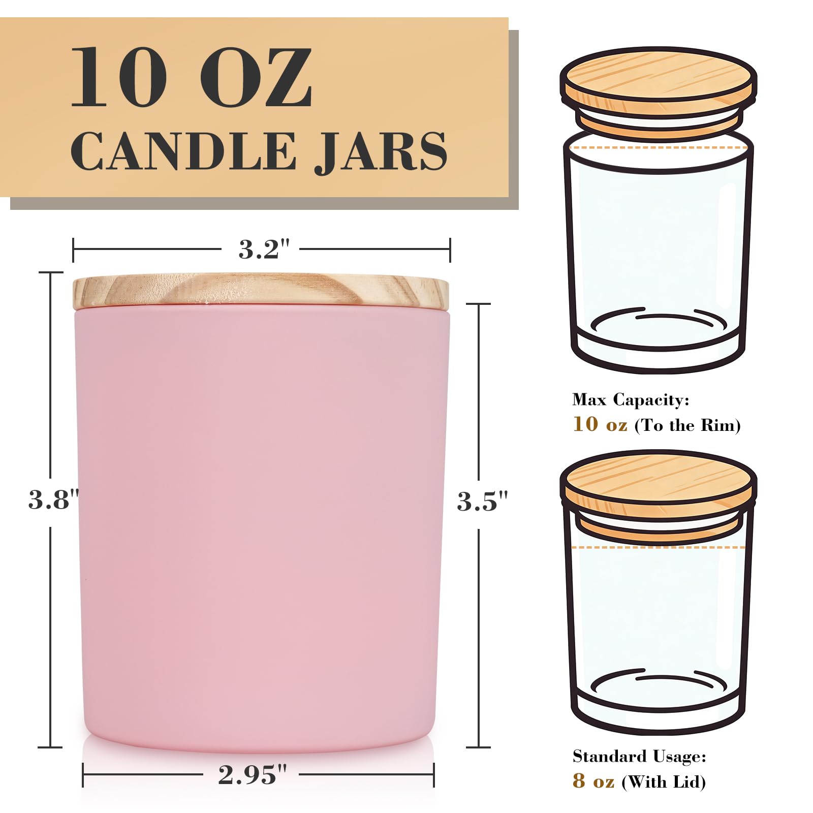 12 barattoli per candele per realizzare candele, in vetro spesso 295 ml, vuoti, con coperchi in bambù, sfuso, rosa opaco