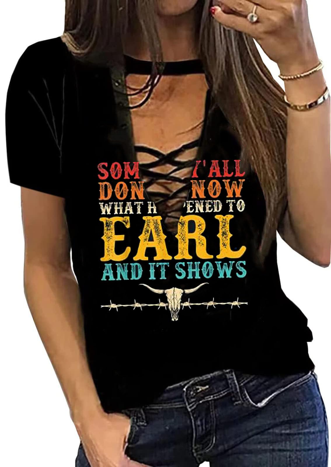 EXMIUNSome of Y'all Don't Know What Happened to Earl and It Shows Shirts Women Retro Steer Skull Western Rodeo Country Tshirt
