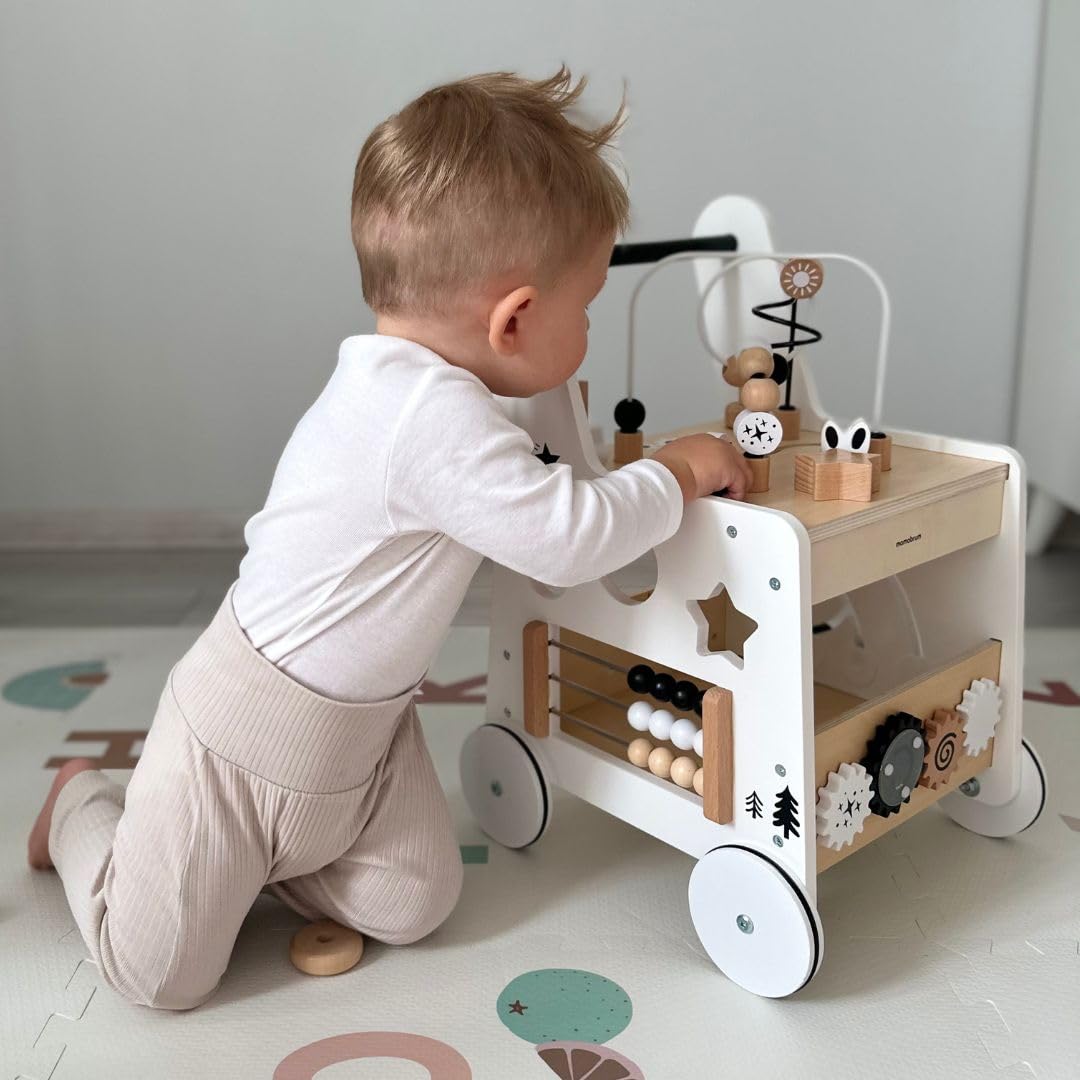 Mamabrum Caminadora y Andador Bebé 6 en 1 - Mesa Educativa de Madera con Ábaco, Engranajes y Juegos - Centro de Actividades para Primeros Pasos - 31 x 28 x 49 cm