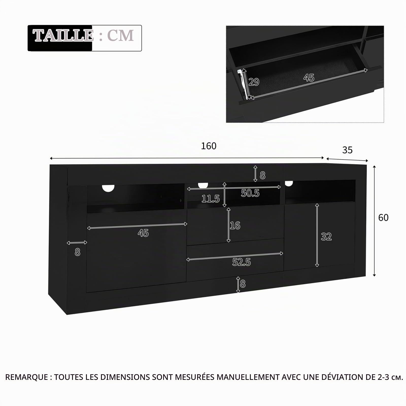 KOMHTOM Meuble TV 160 cm Longueur Noir avec LED et Rangement Table Television Salon avec Deux tiroirs et Portes Meuble de Salon Moderne (Noir, 160 x 35 x 60 cm)