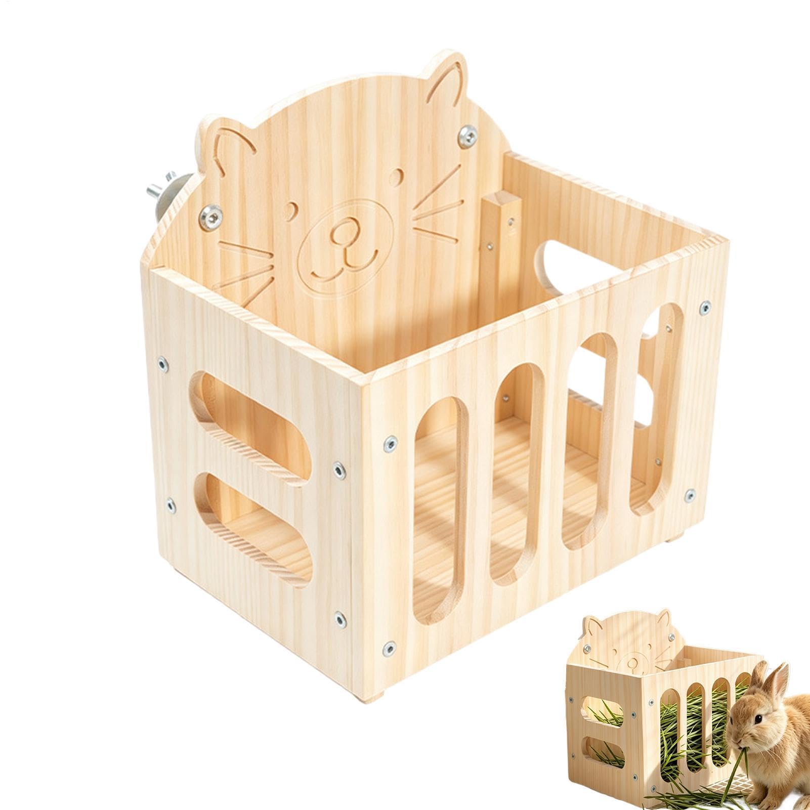Râtelier à Foin Grande capacité Mignon décor Cage en Bois | porte-foin pour hamster en forme de chat Pour Chinchilla Et Hérisson Intérieur Extérieur