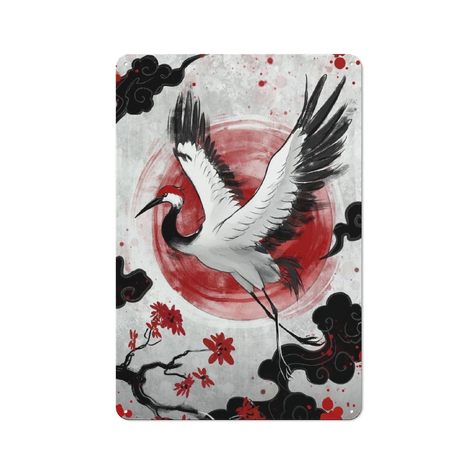 Junmoney Style-12 Tin Sign With Japanese Crane With Red Sun Digital Art Design 30X20cm, Understated Studio Wall Plaque For Hobby Room, Office, Lounge Or Living Room