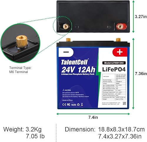 Miniatura 4 de Talentcell Paquete de baterías LiFePO4 de 24 V y 12 Ah, baterías recargables de fosfato de hierro y litio de ciclo profundo de 288 Wh para motor de