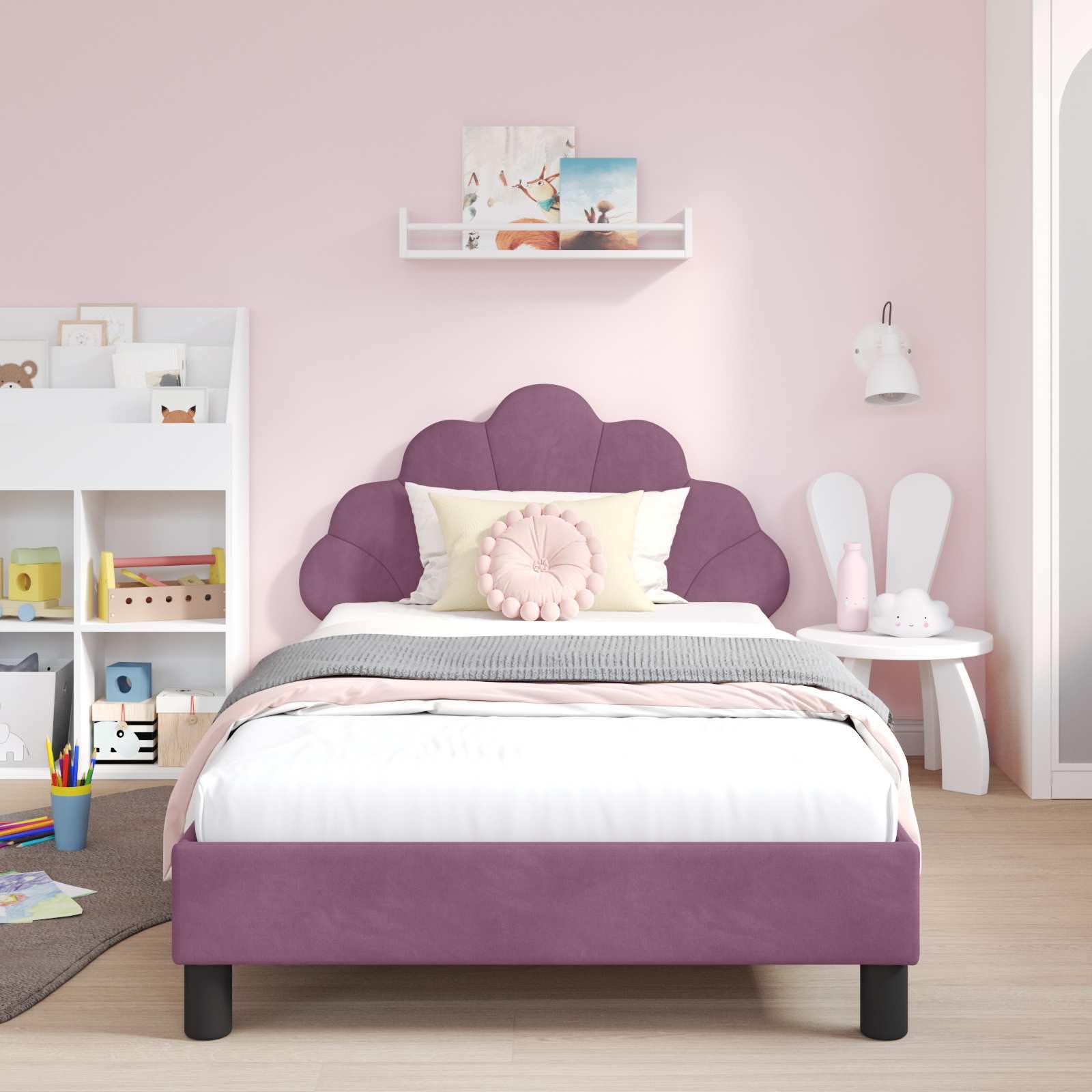 Moderno marco de cama con cabecero en color morado, 90 x 190 cm, tapizado de terciopelo, somier de láminas estable y prácticos compartimentos para libros, 4 piezas