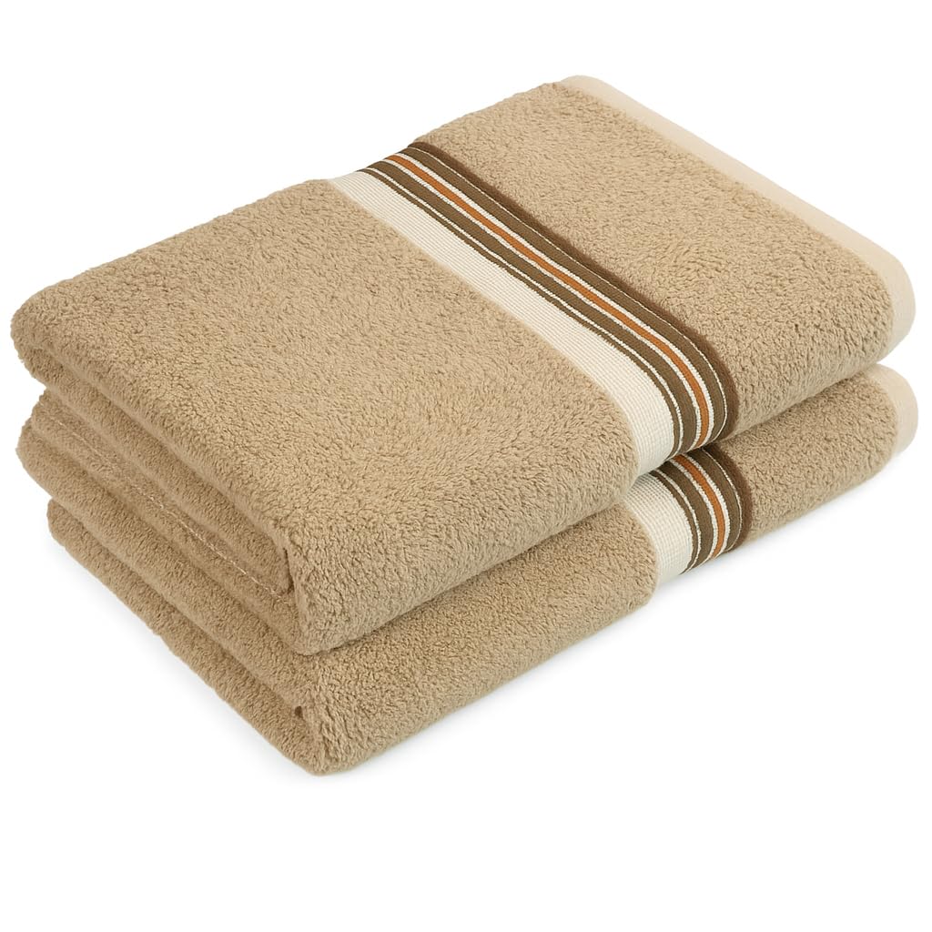 SKYREN 2 Pack Soft Cotton Bath Towels Highly Absorbent Striped Bathroom Towels Tan 54 x 27 Durable Plush