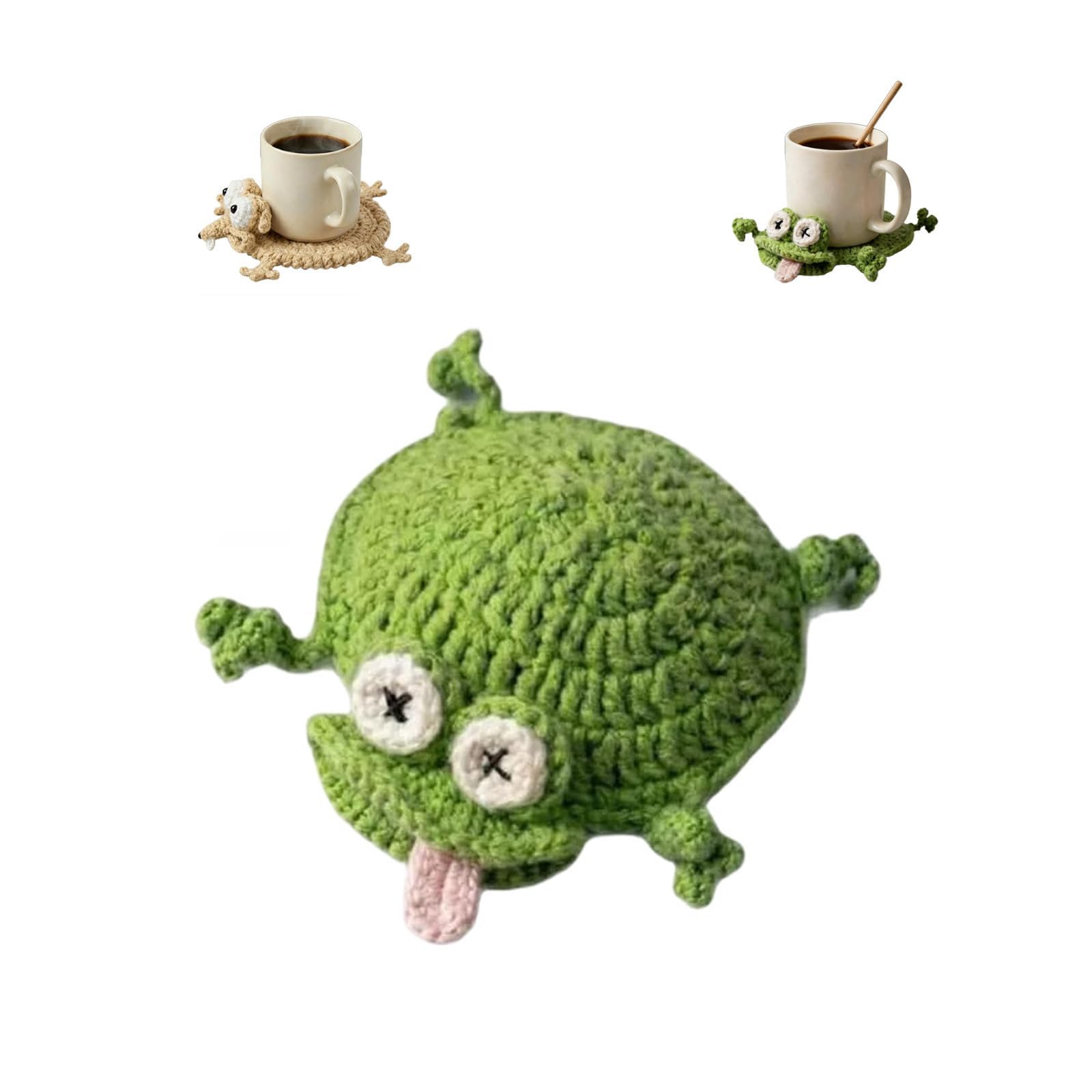 Funny Crochet Coaster, 3D Handmade Drink Coasters, Animal Cup Coasters for Coffee Table Desk Decor, Coffee Table Decor for Animal Lovers Cups Tabletop Protection (Frog)