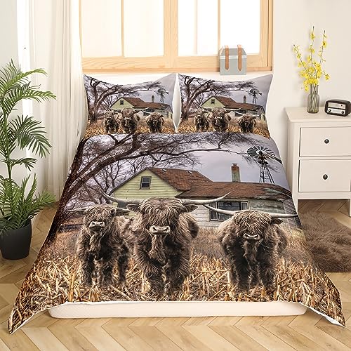 Homewish Highland Cow Comforter Cover Rustic Farm Animal Bedding Set for Girls Boys Windmill Cabin Lodge Decor Duvet Cover,Farmhouse Rural Western Life Bedspread Cover with 1 Pillowcase Single - Image 2