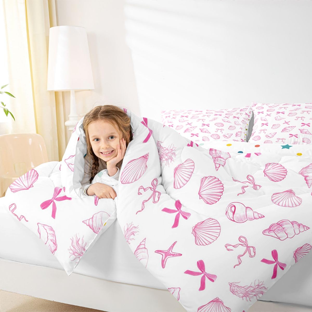 Summer Sea Kinder-Bettwäsche-Set für King-Size-Bett, Kawaii-Fliege, Muschel, Ozean, Muschel, Seetang, nautische Steppdecke, rosa-weiß, Schlafzimmer-Bettbezug, 2 Kissenbezüge