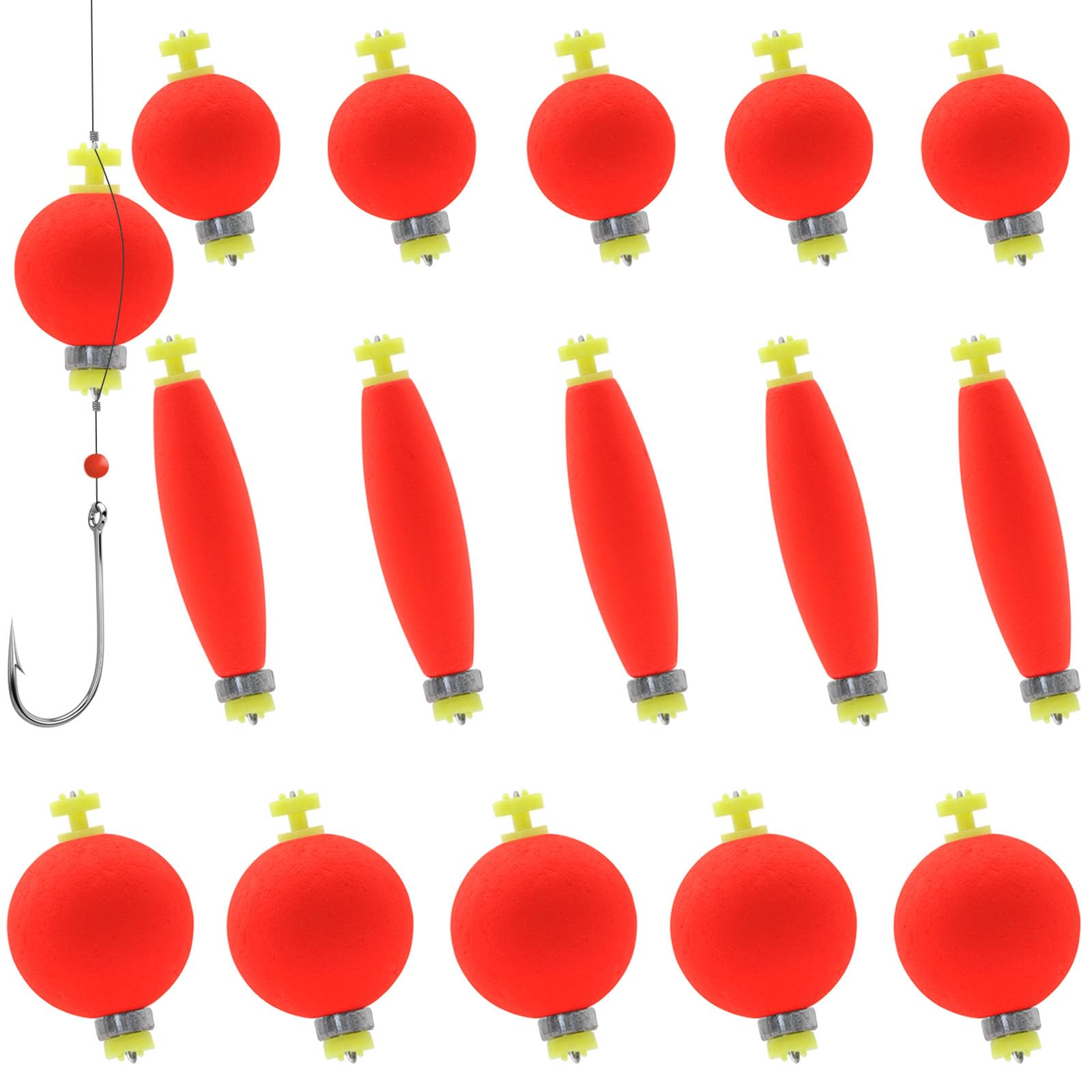 Fishing Bobbers Floats Weighted Bobbers for Fishing Foam Snap-on Fishing Floats for Fishing Bluegill Crappie Panfish Bass Trout (B-Ball Shape 15pcs)