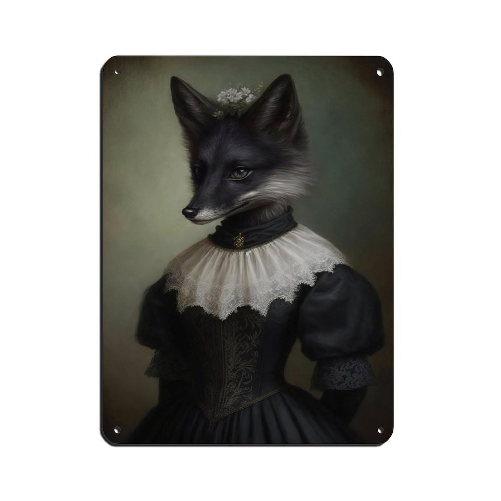 Gothic Black Fox in Dress Tin Sign Vintage Metal Pub Club Cafe Bar Home Wall Art Decoration Poster Retro 12x16inch(30x40cm)