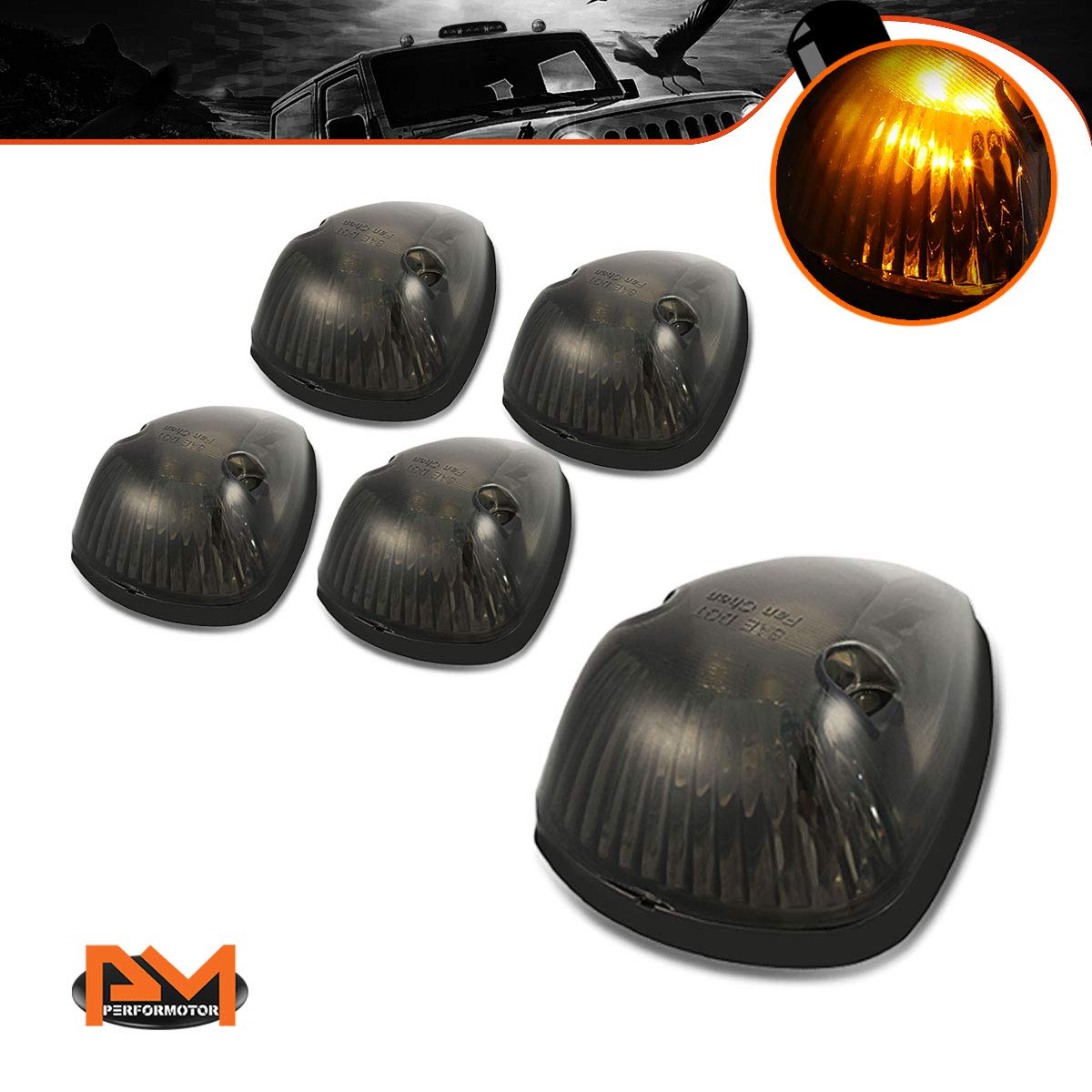 PM PERFORMOTOR 5Pcs Amber LED Cab Top Roof Running Lights Marker Lights Compatible with 94-98 Dodge Ram Truck,Smoked Lens