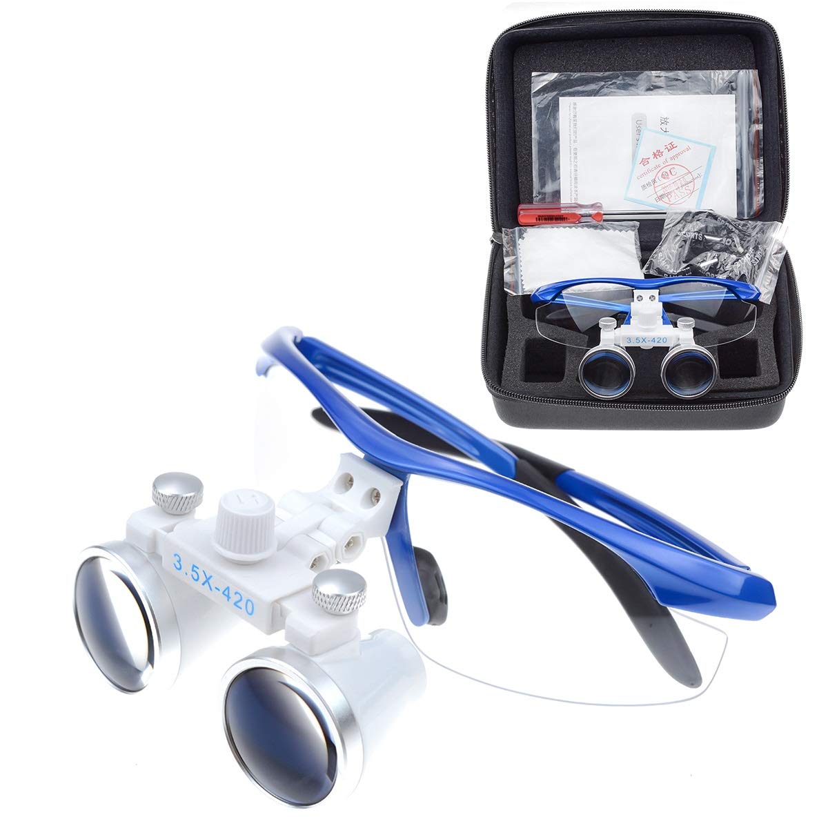 Binocular quirúrgico 3,5 X 420 mm Vidrio óptico antivaho azul
