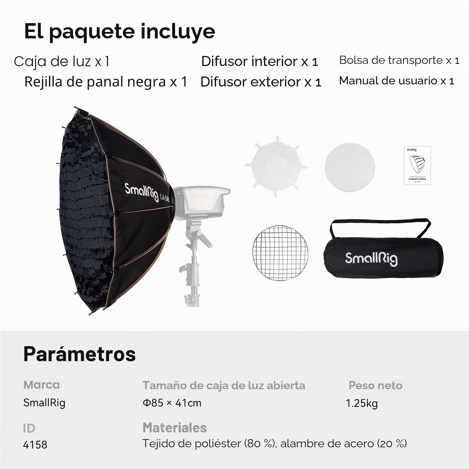 SMALLRIG Softbox parabólico LA-D85 Softbox de liberación rápida de 85cm para Luces Bowens Mount COB - 4158