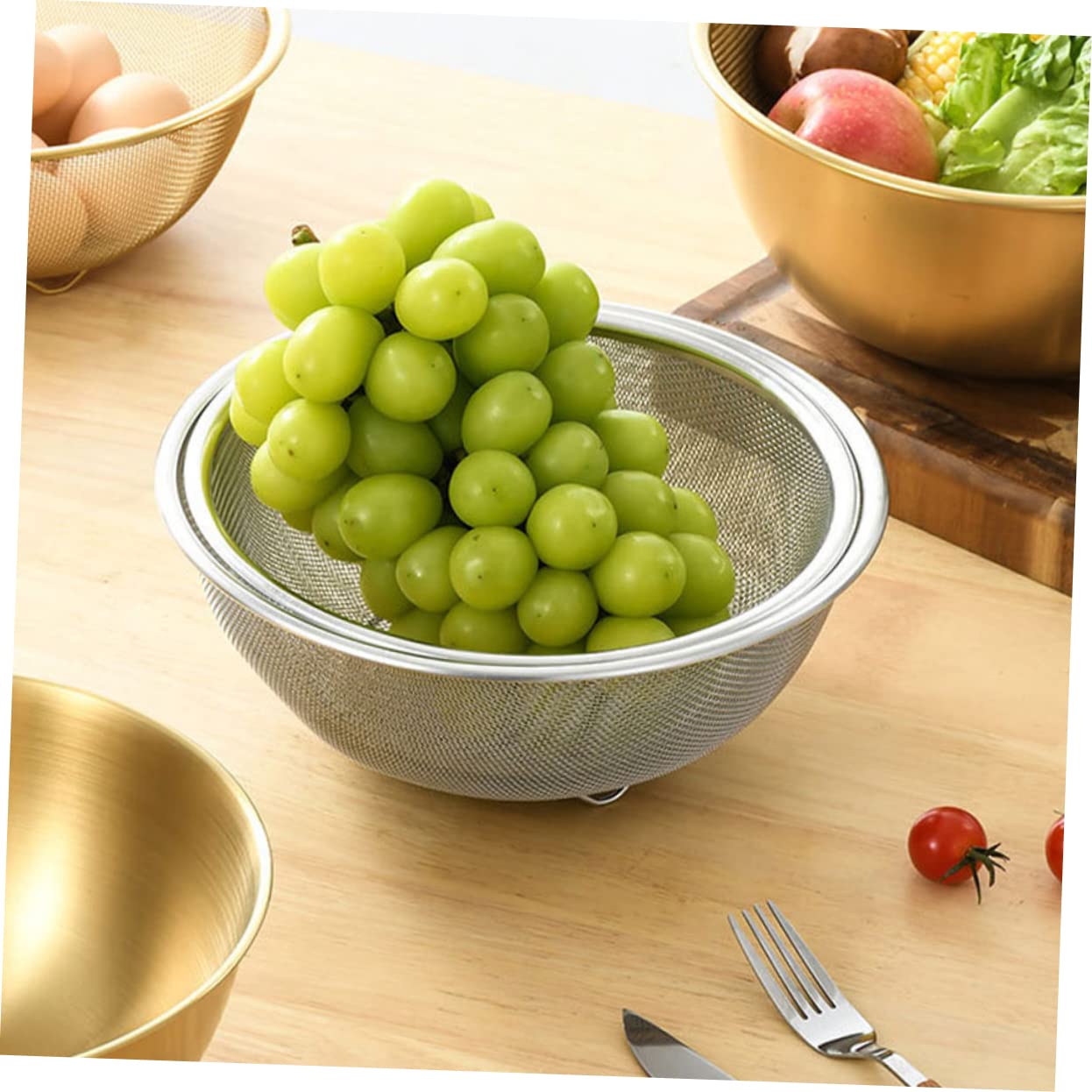 Juego de Colador de Acero Inoxidable para Cocina, 2 Piezas | Malla Fina, Base Plana y Drenaje Estable, Apto para Verduras y Huevos, Acabado Plata