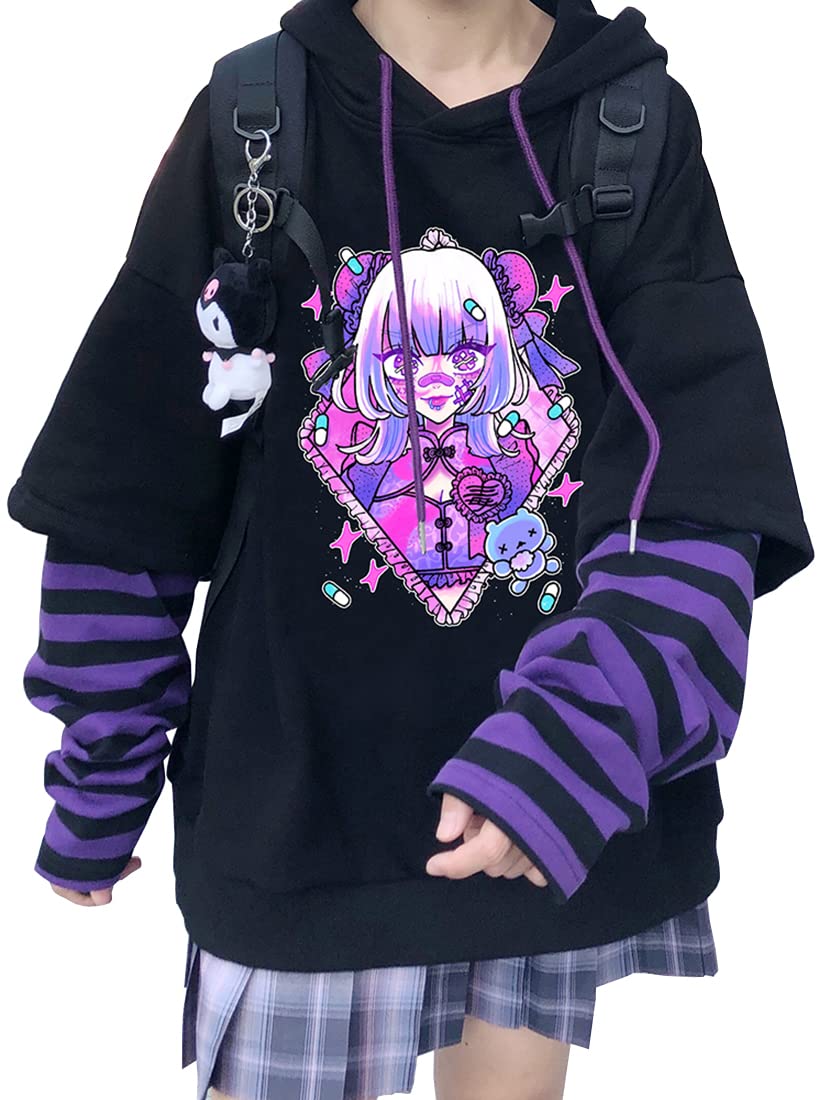 EMILYLEWomens Girls Japanese Style Hoodie Cute Pattern Print Sweatshirt Fashion Kawaii Anime Pullover