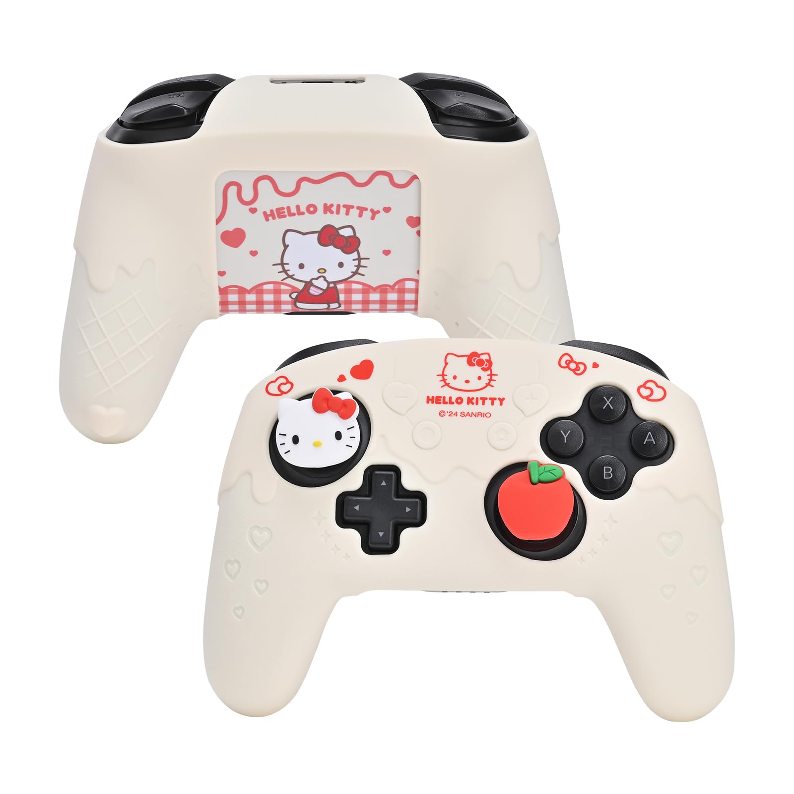 Kuitmor Lot de coques de protection en silicone souple et antidérapant pour manette Switch Pro avec 2 capuchons de pouce et 1 autocollant (beige Hello Kitty)