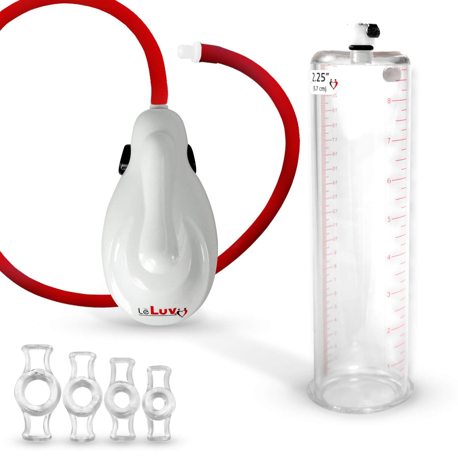 Bomba de pene eléctrica portátil LeLuv White eGrip con manguera premium no plegable y 4 tamaños de anillos de constricción de 23 cm de largo x 2 cilindros sin cono de 63 cm de diámetro.