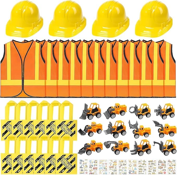 58Pcs Kids Construction Worker Costume, Dress up Party Set Includes Safety Vest Bulk Worker Hats Tote Bags Vehicles Stickers